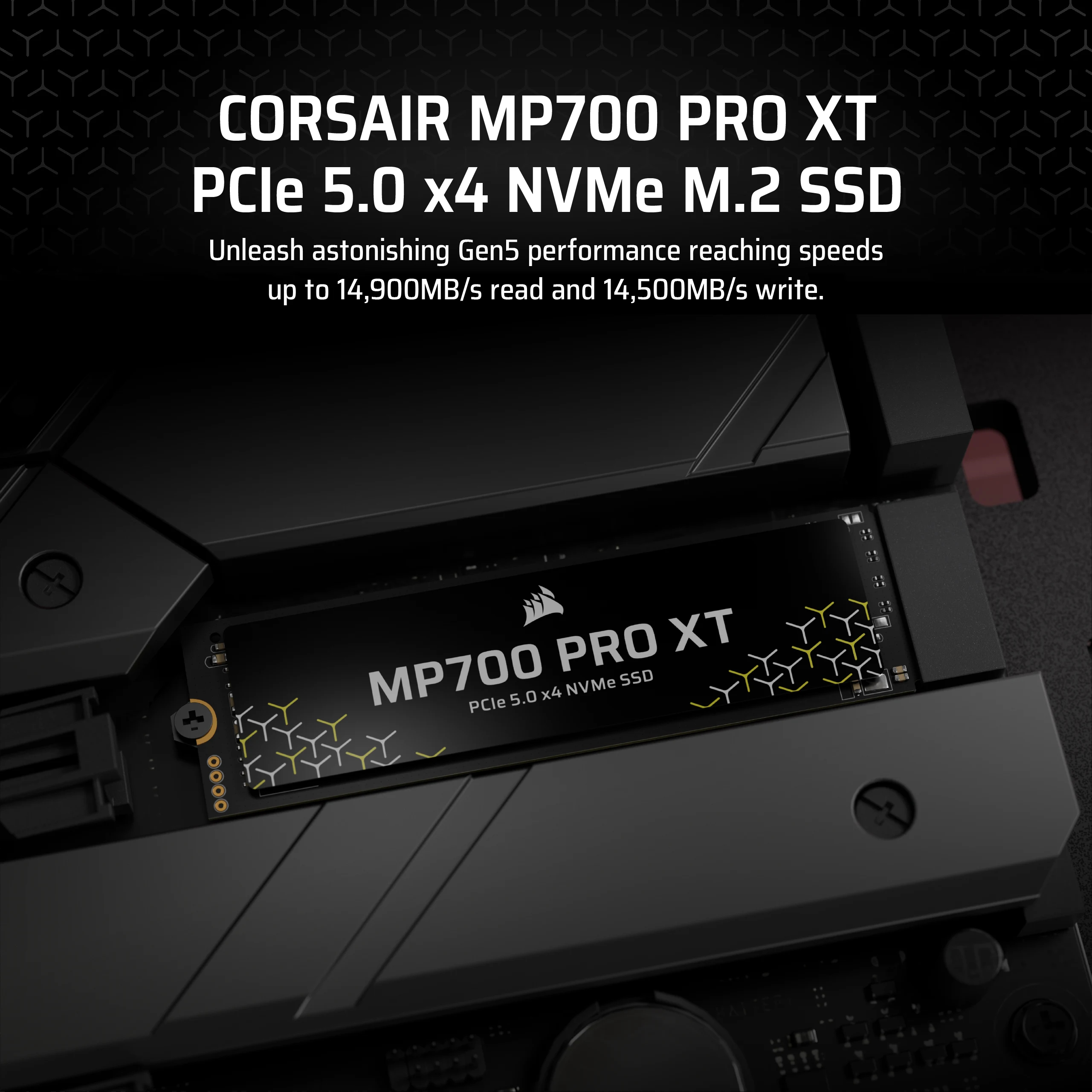 Dysk SSD NVMe Corsair MP700 Pro XT, PCIe 5.0, z tekstem i wzorem.