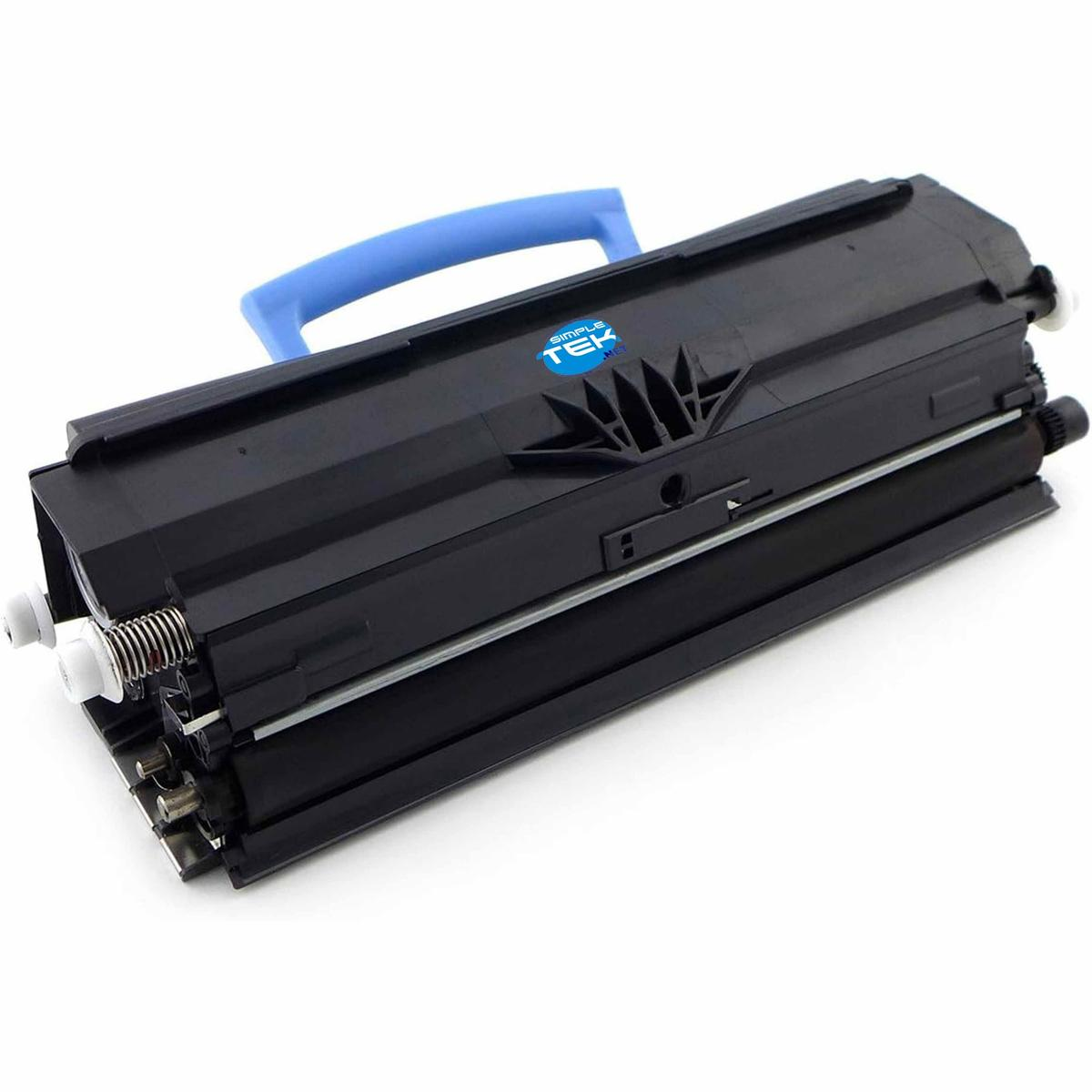 Cartuccia toner nera con manico blu su sfondo bianco.