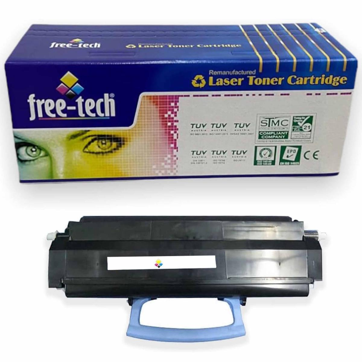Una cartuccia toner laser nera con manico blu, accanto alla sua scatola.