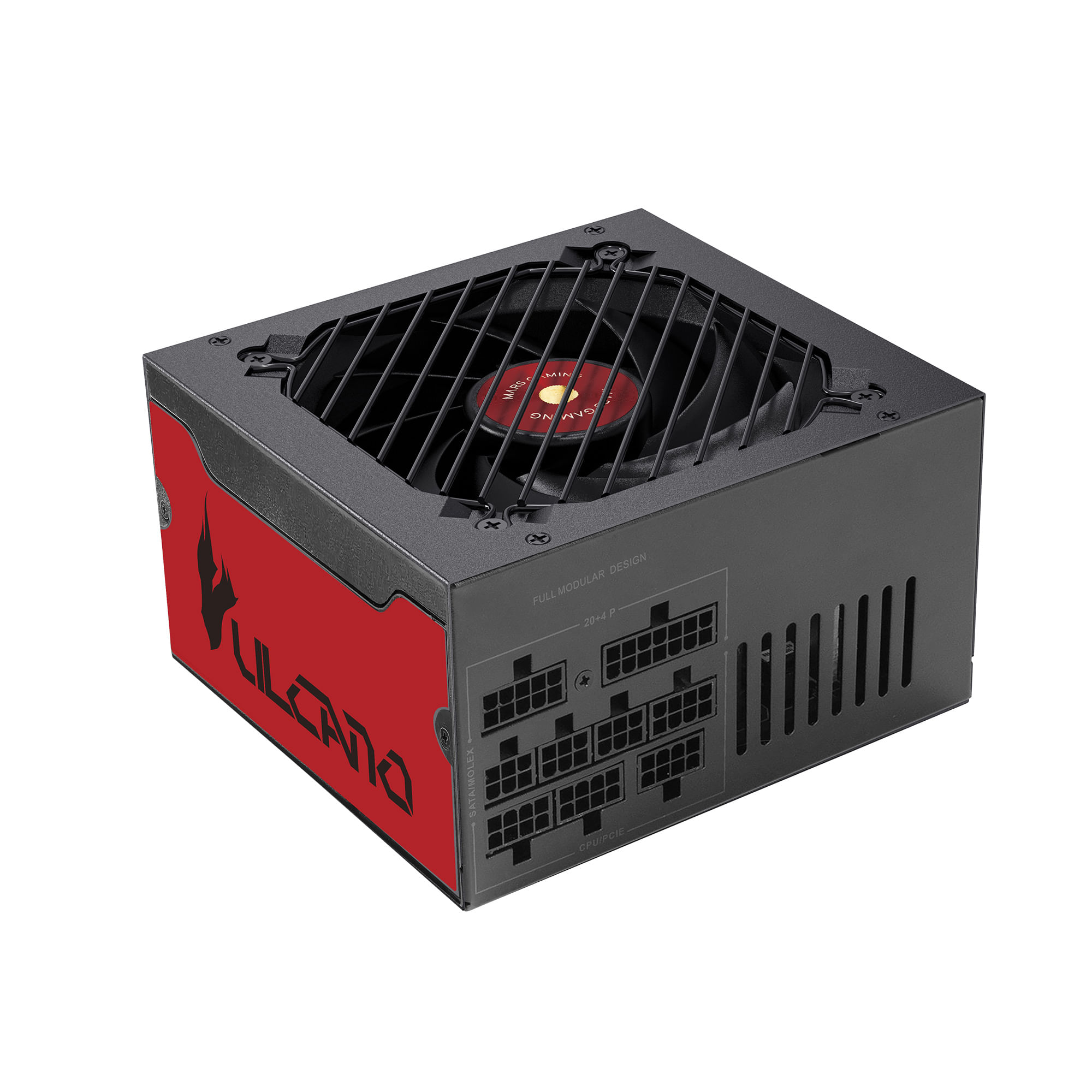 Fuente de alimentación de PC negra con panel lateral rojo y logo 'VULCANO'. Puertos modulares visibles.