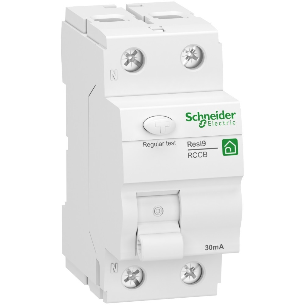 Interruttore differenziale Schneider Electric Resi9 bianco con pulsante test e levetta.
