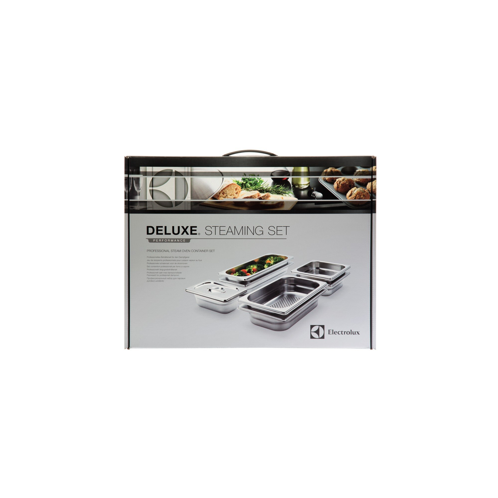 Opakowanie zestawu Electrolux Deluxe Steaming z metalowymi pojemnikami.