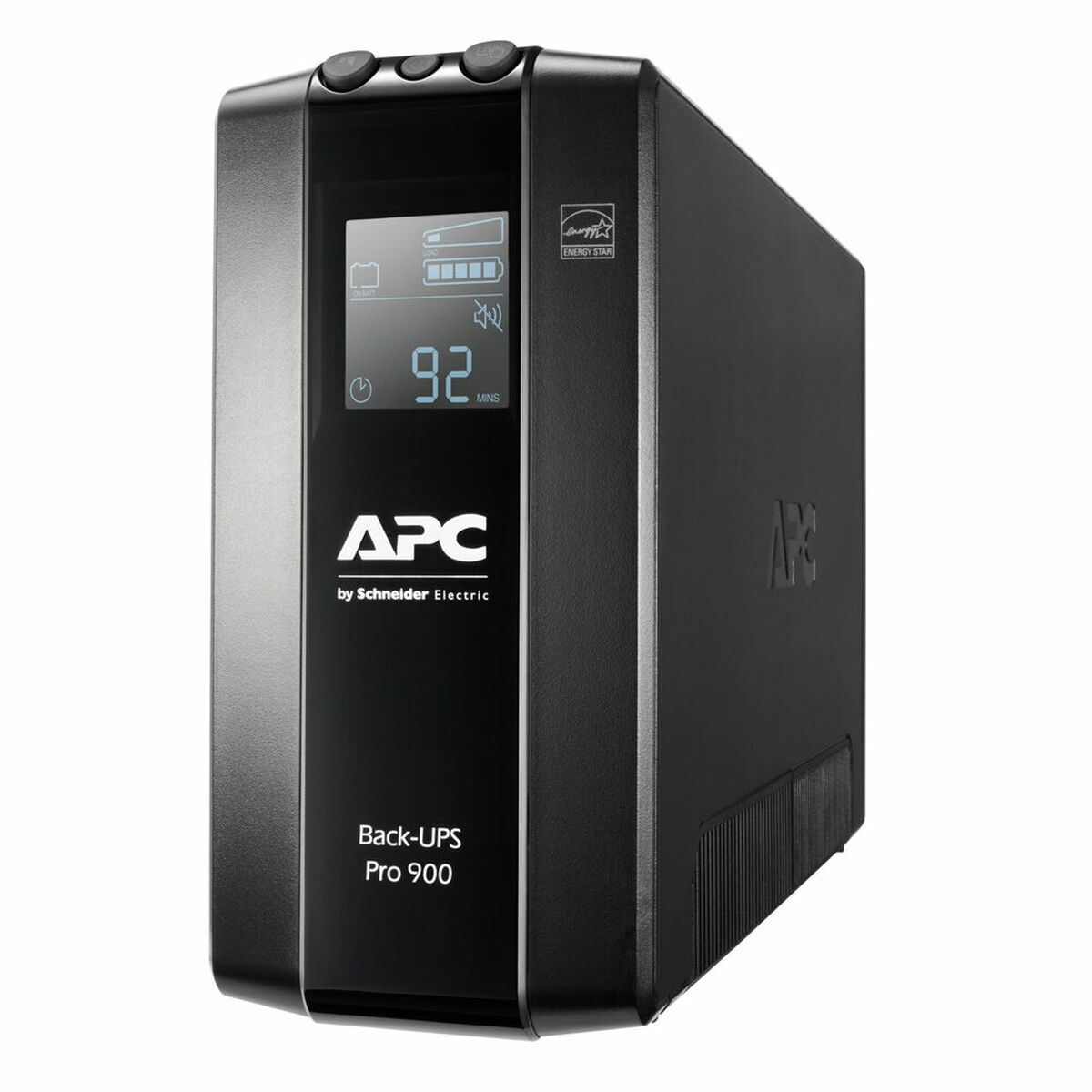 Schwarzer APC Back-UPS Pro 900 mit Digitalanzeige, die 92 Minuten Restlaufzeit anzeigt.