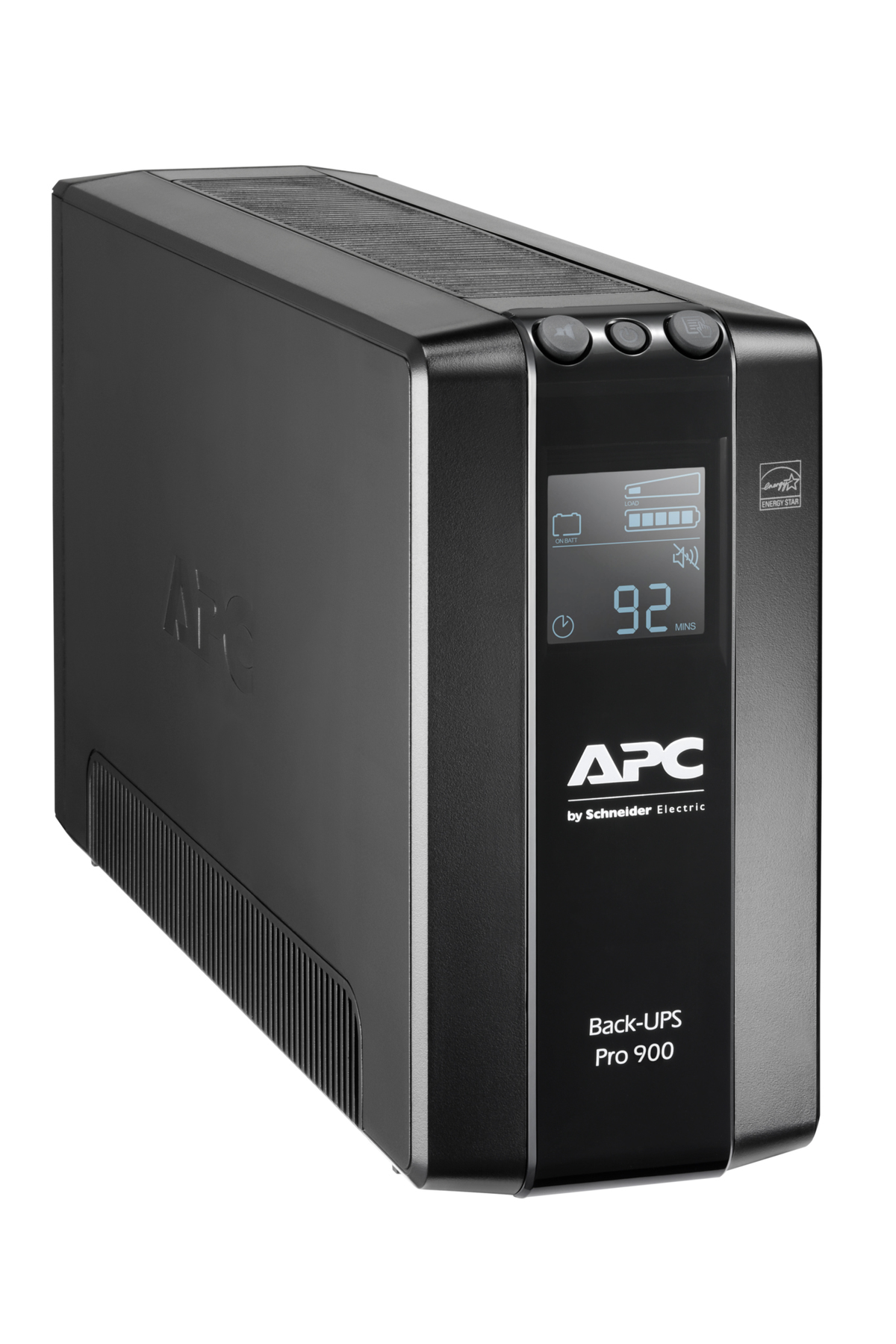 Schwarzer APC Back-UPS Pro 900 auf Weiß, zeigt 92 Min. Akkulaufzeit.