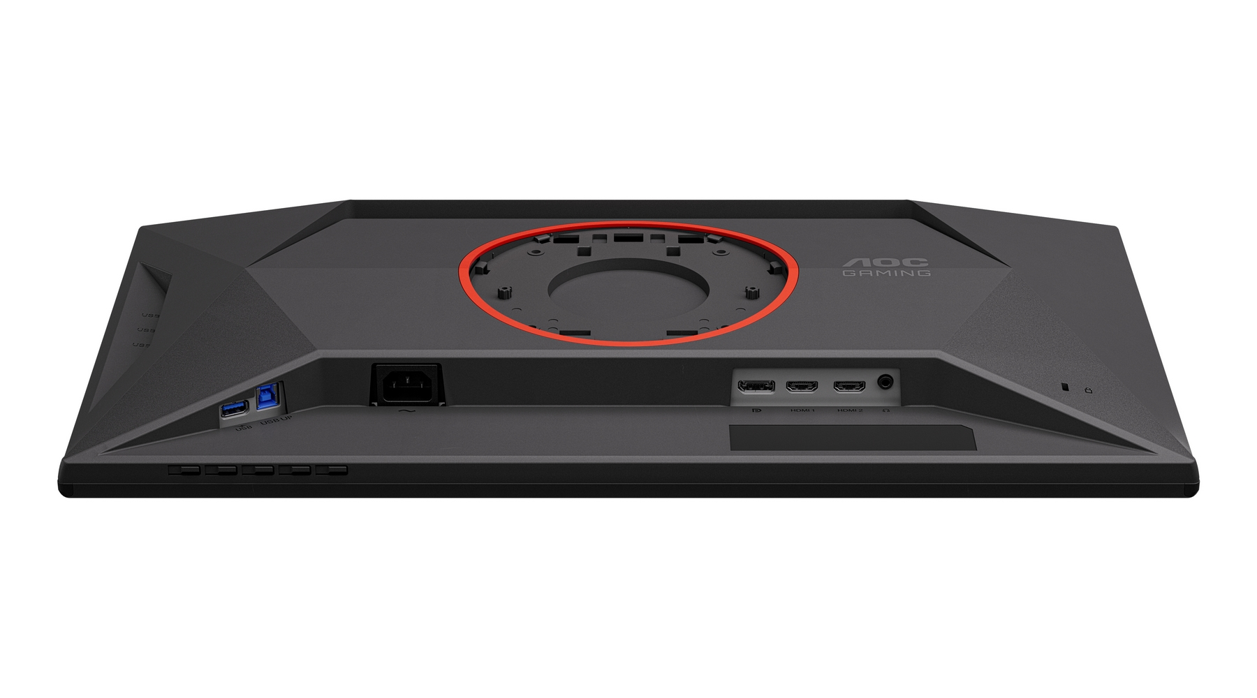 Retro del monitor gaming AOC nero con porte e area di montaggio VESA.