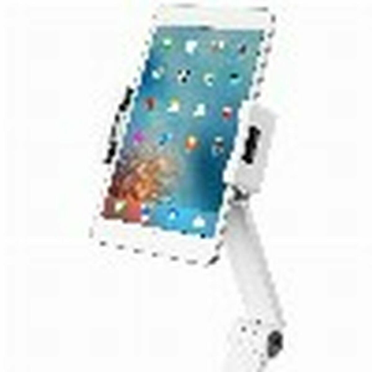 Tablette blanche montée sur un support, affichant des icônes d'applications colorées sur son écran.