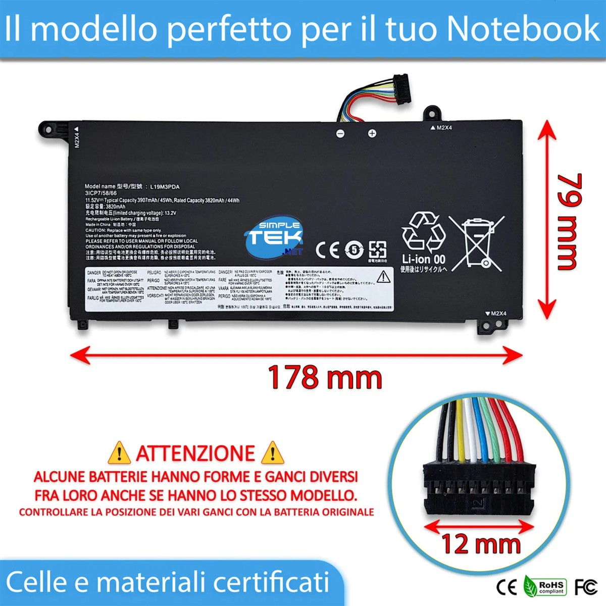 Una batteria nera per laptop con etichette e dimensioni 178x79mm e connettore cavo 12mm.
