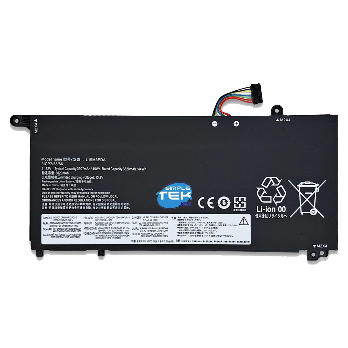Batteria nera per laptop modello L19M3PDA, capacità 3907mAh, con simboli di avvertenza.