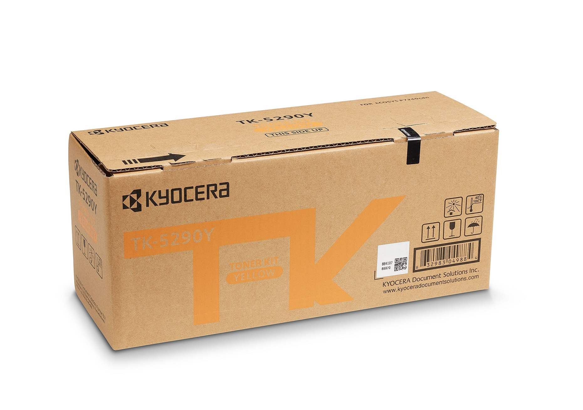 Una scatola di toner giallo Kyocera TK-5290Y con simboli di manipolazione e codice a barre.