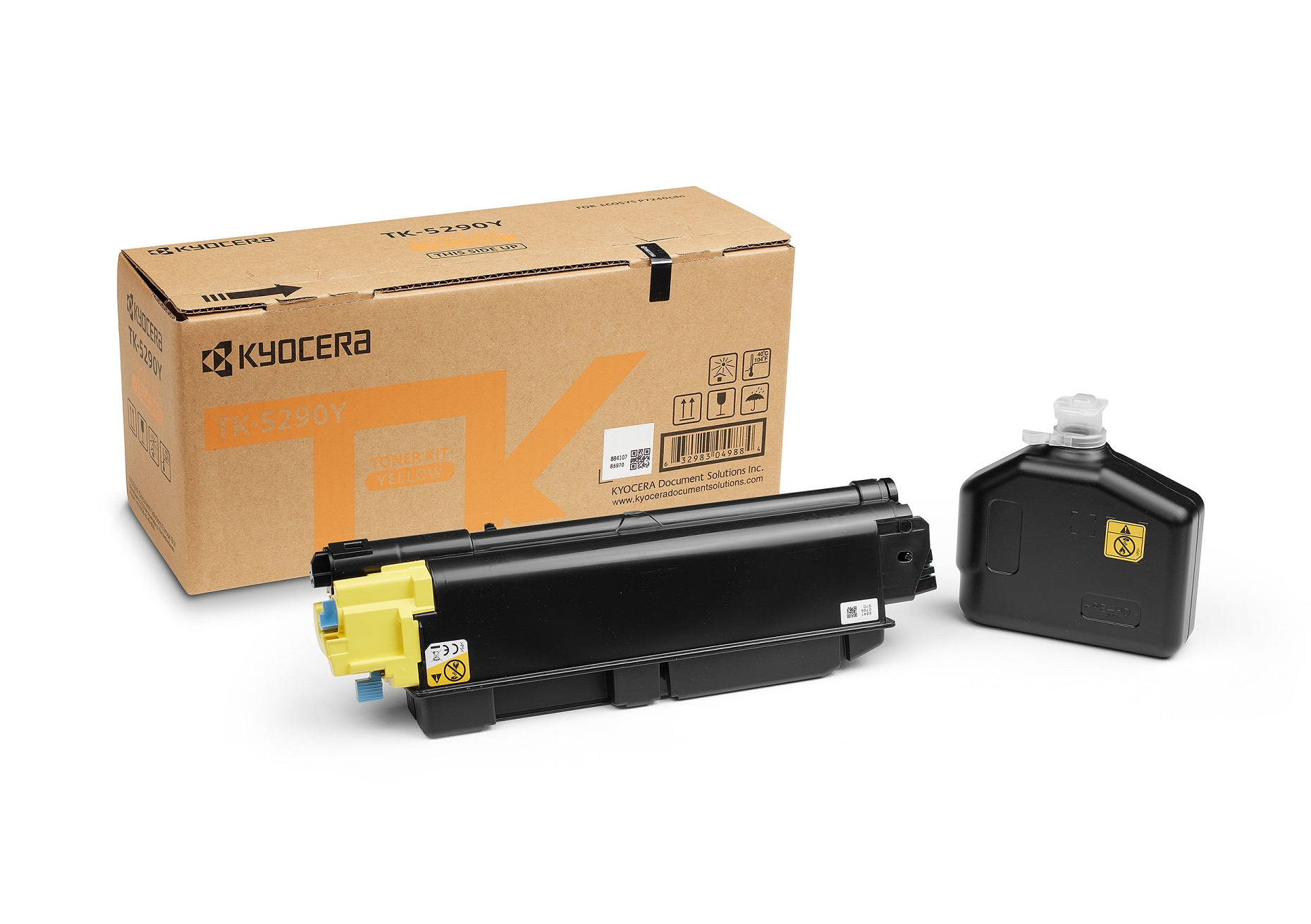 Cartuccia toner Kyocera TK-5290Y e flacone di ricarica su sfondo bianco.