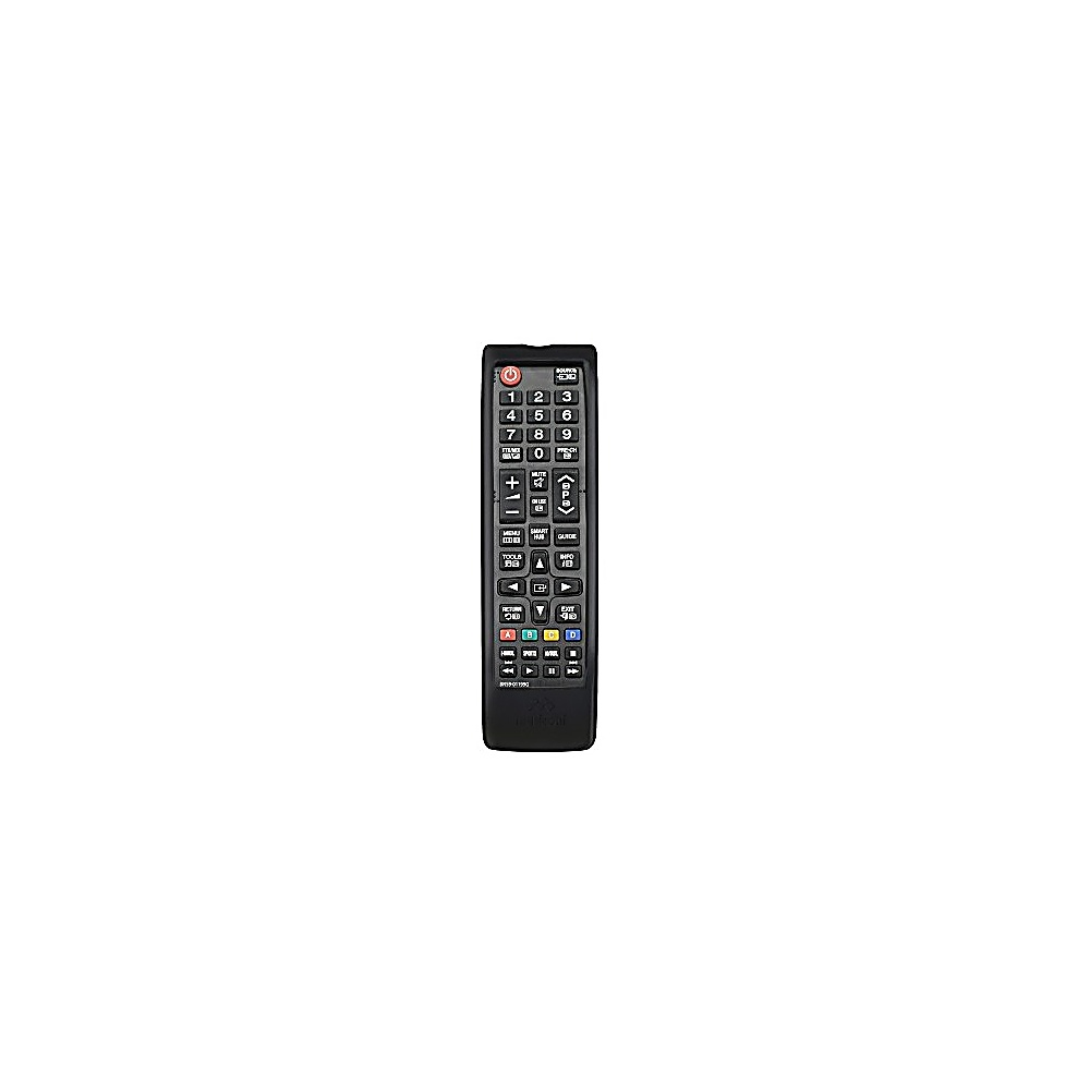 Telecomando nero con pulsanti numerati, pad di navigazione e tasti funzione.