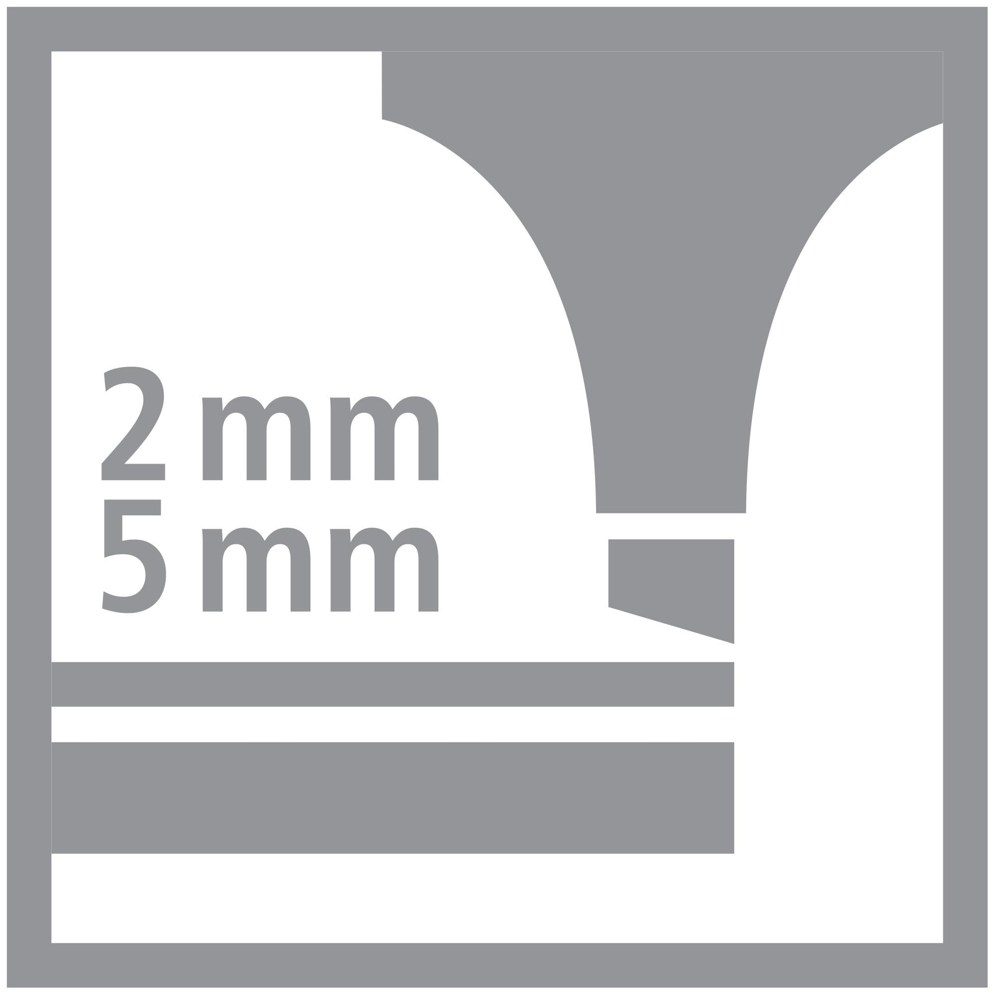 Una grafica grigia con testo '2 mm' e '5 mm' e forme astratte.