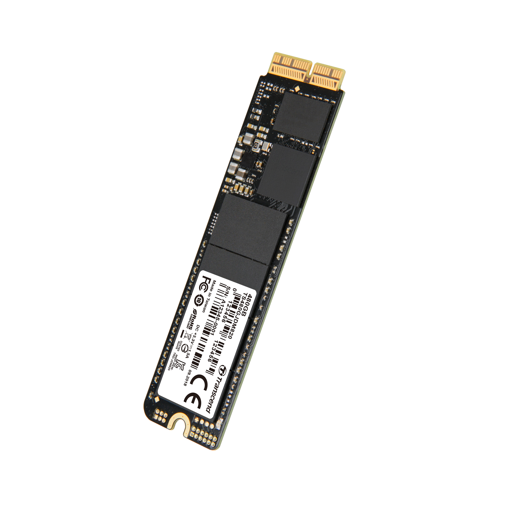 Un SSD Transcend nero da 480GB con connettori dorati su sfondo bianco.