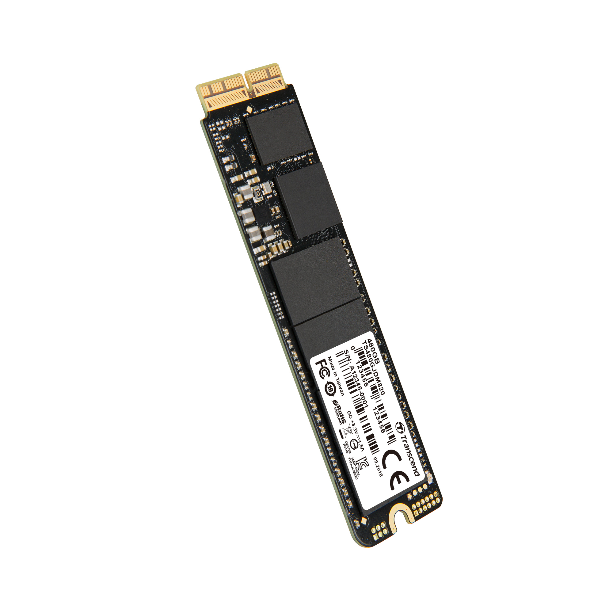 Un SSD M.2 Transcend da 480 GB con connettore dorato su sfondo bianco.