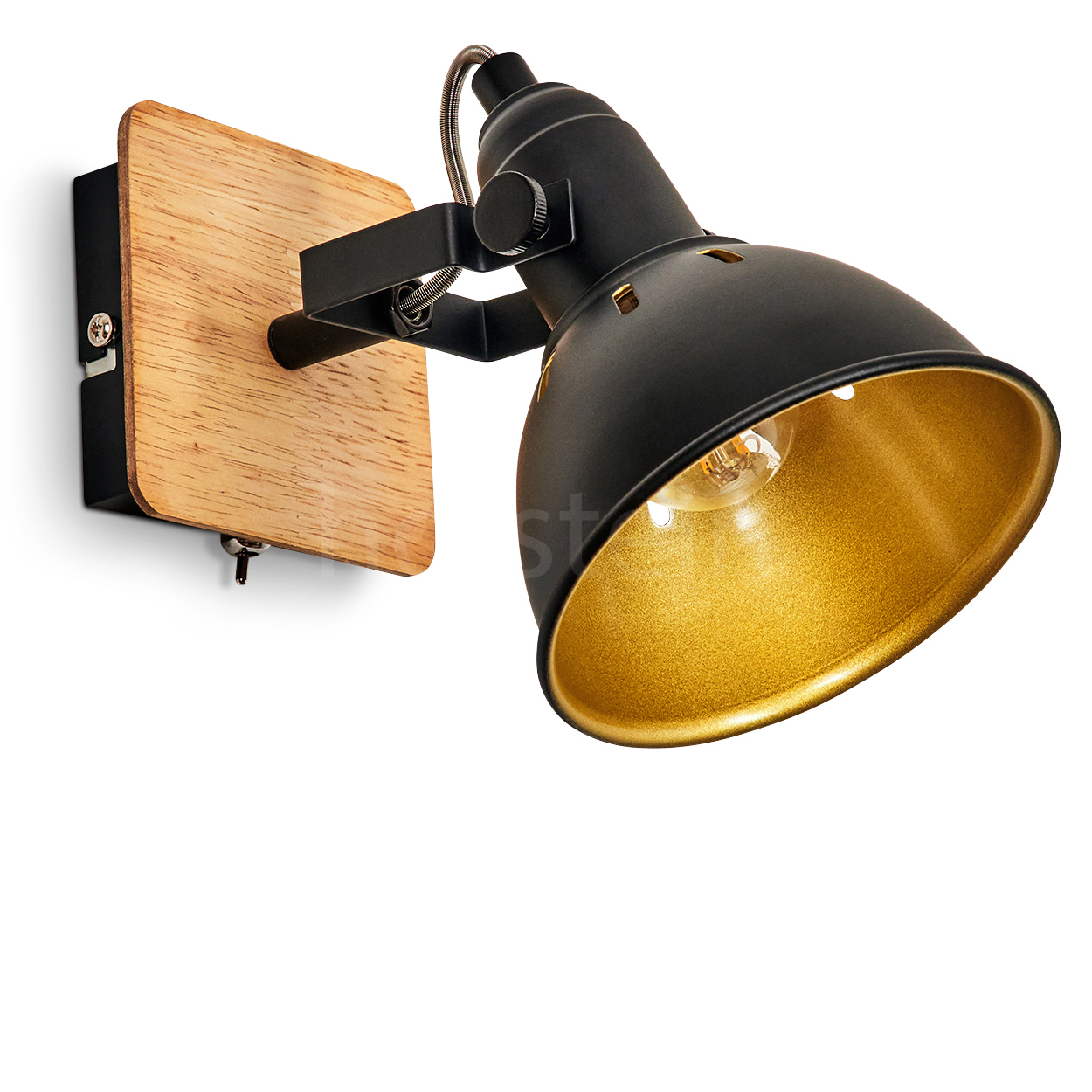 Eine schwarze Wandlampe aus Metall mit Holzsockel und goldener Innenlichtschale.