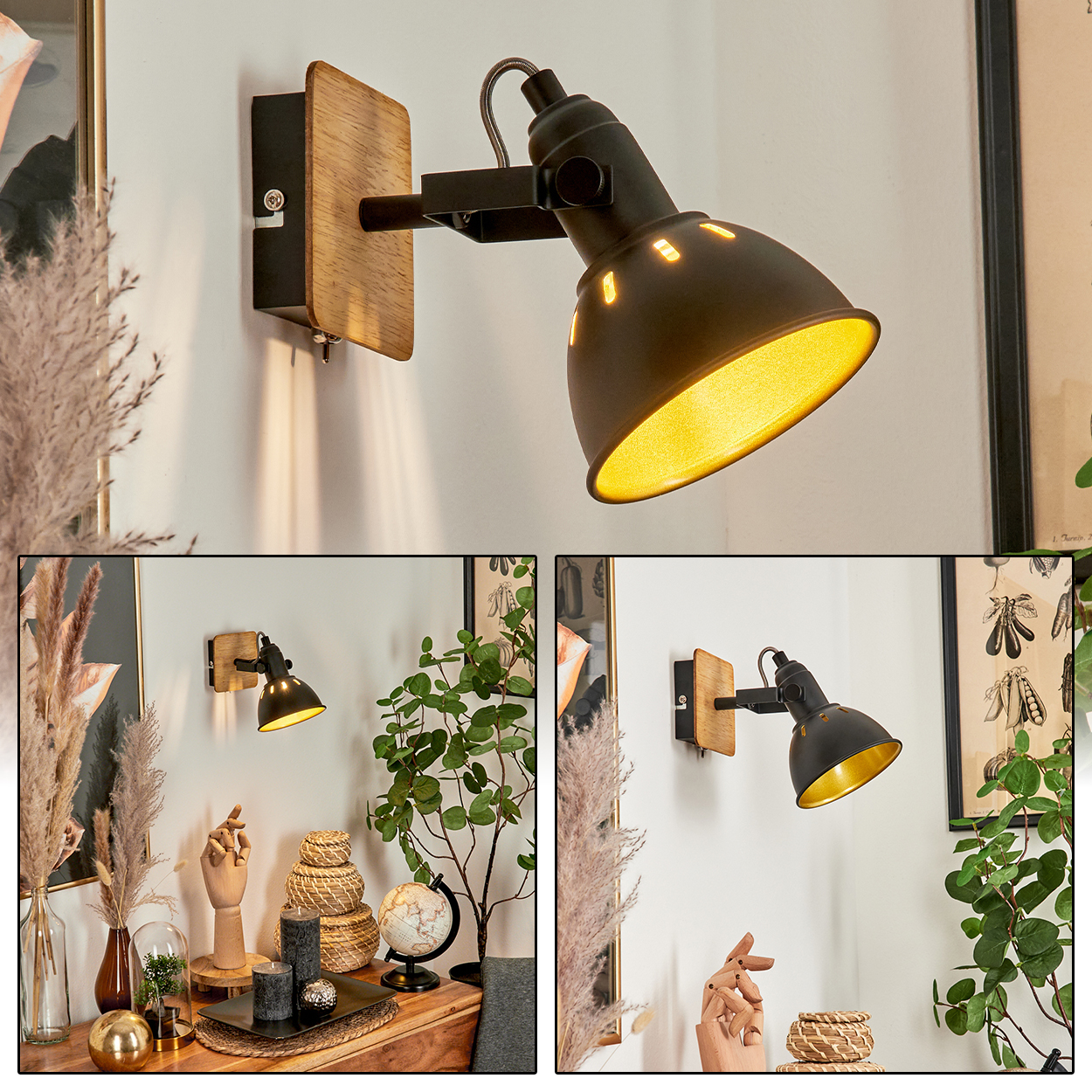 Eine schwarze Wandleuchte mit Holzsockel beleuchtet die Wand mit warmem Licht.