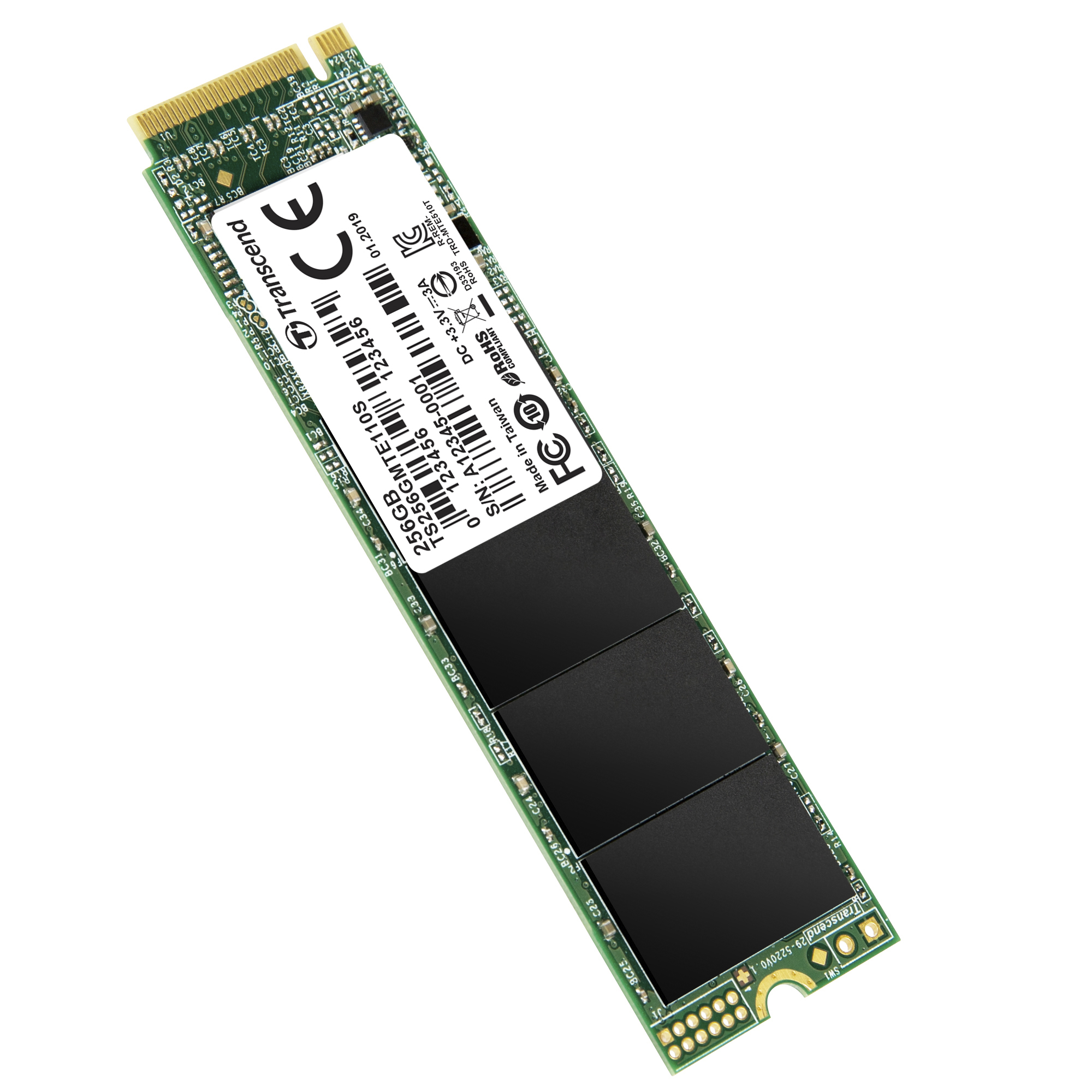 A 256GB Transcend M.2 SSD with black chips and gold connectors on a green circuit board.