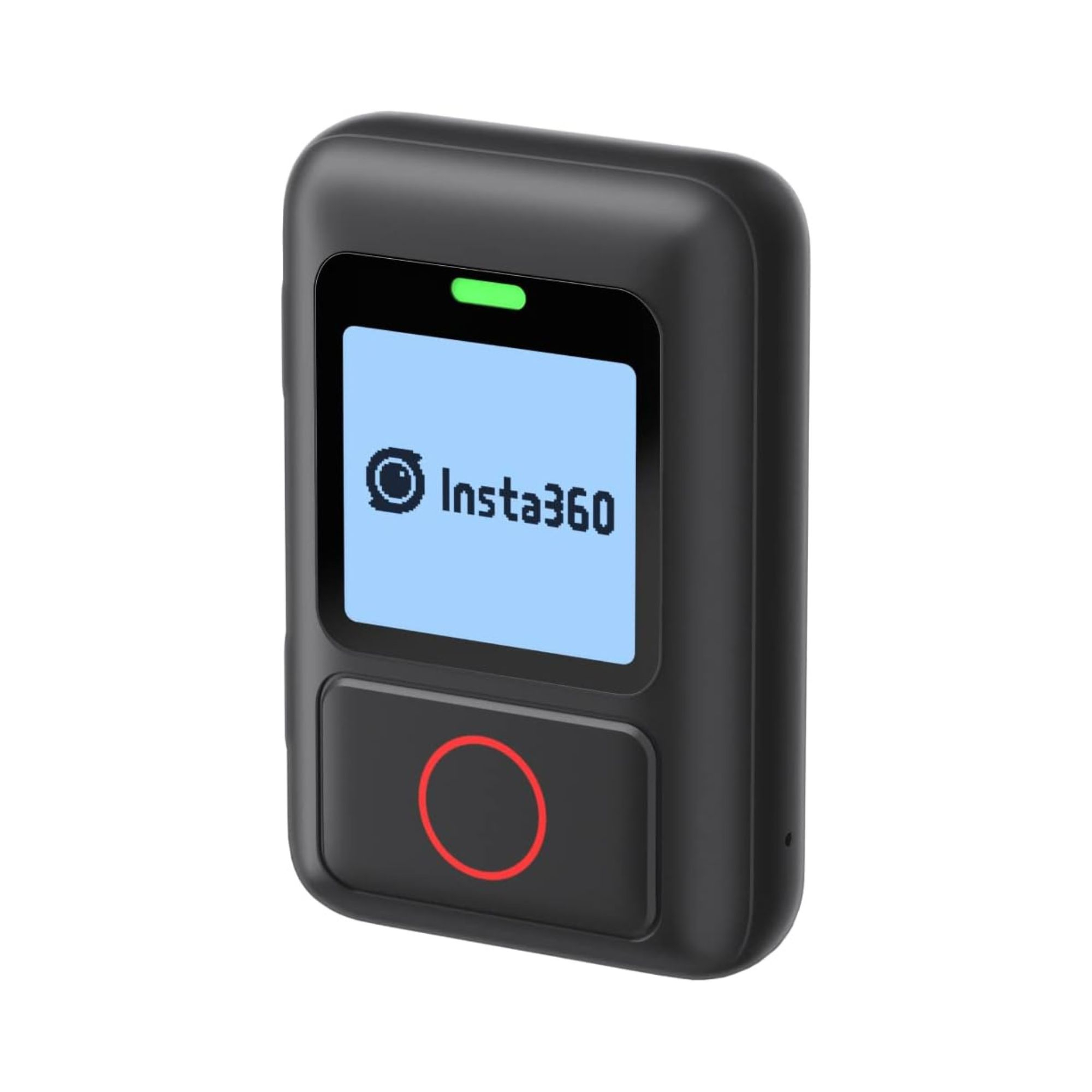 Eine schwarze Insta360-Fernbedienung mit hellblauem Bildschirm, das Logo anzeigend.