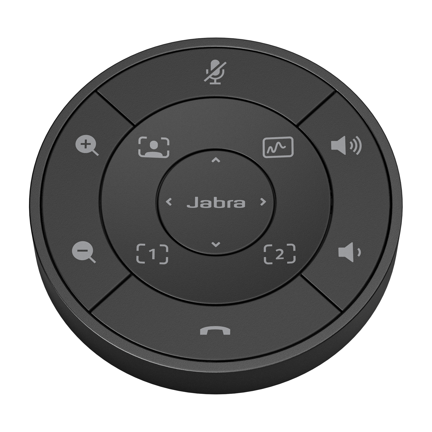 Un controller Jabra rotondo e nero con icone per microfono, volume, fotocamera e zoom.