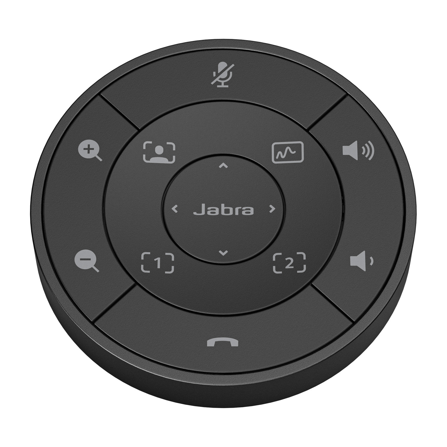 Telecomando Jabra nero con controlli microfono, zoom, video e volume.
