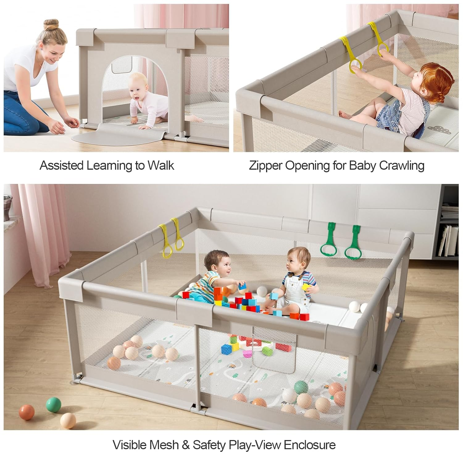 Ein Baby lernt laufen, ein Kind spielt in einem Laufstall und zwei Babys spielen.