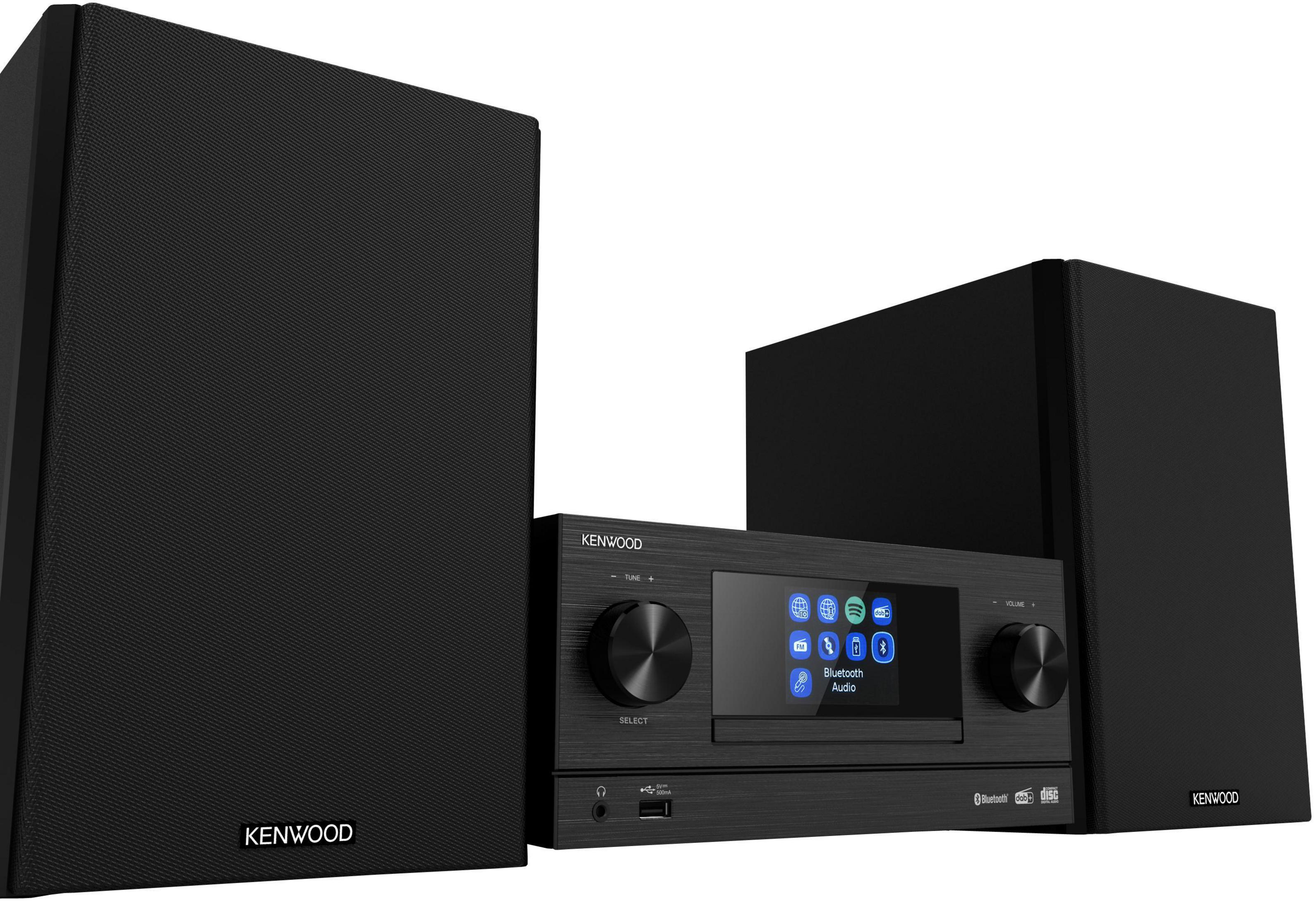 Schwarzes Kenwood-Stereosystem mit zwei Lautsprechern und einer Zentraleinheit mit Bildschirm.