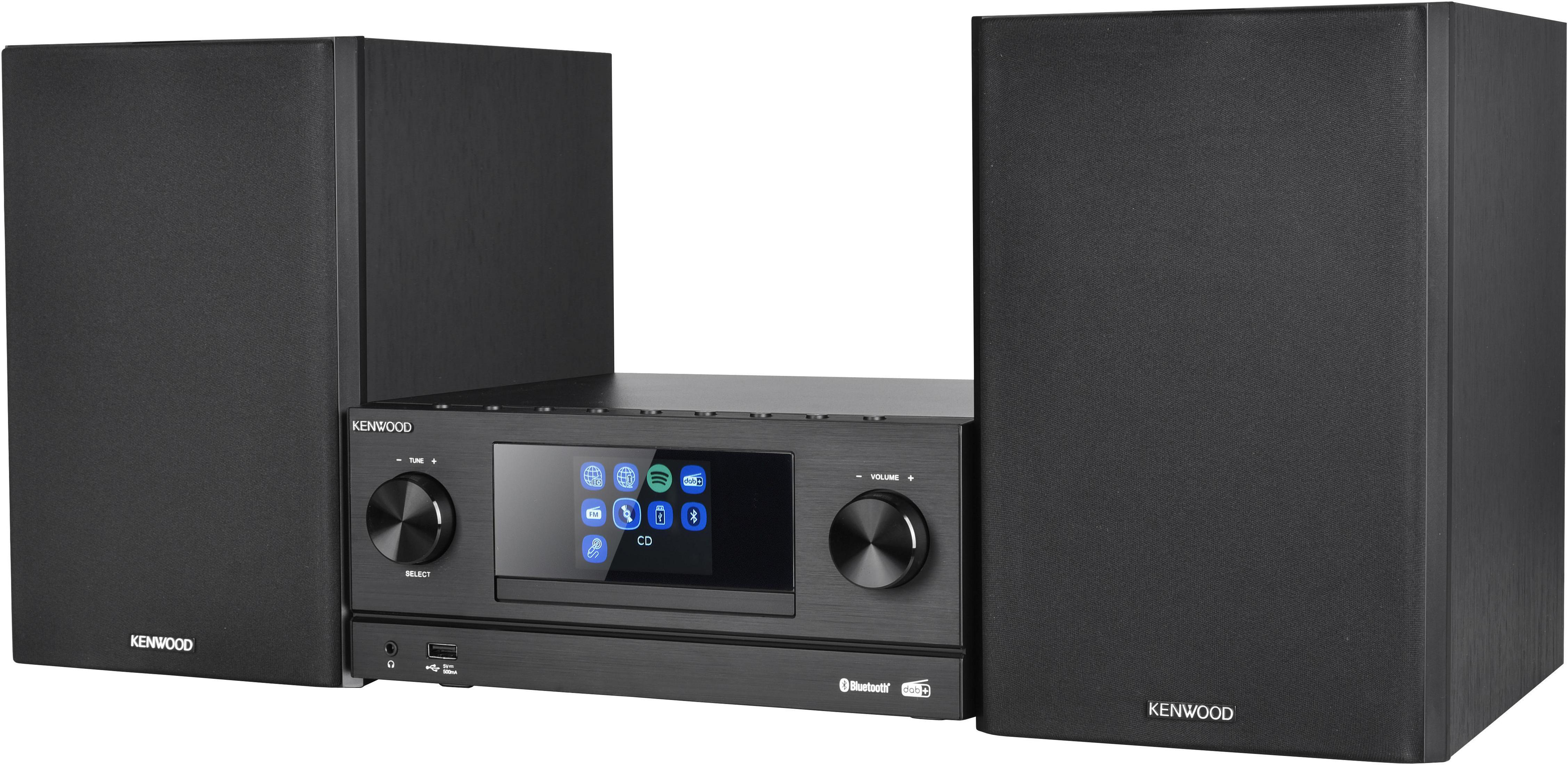 Ein schwarzes Kenwood-Stereosystem mit zwei Lautsprechern und einer Zentraleinheit mit Touchscreen.