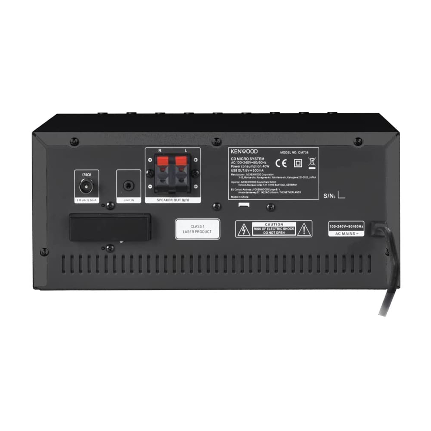 Rückseite eines schwarzen Kenwood CD-Micro-Systems mit Anschlüssen.