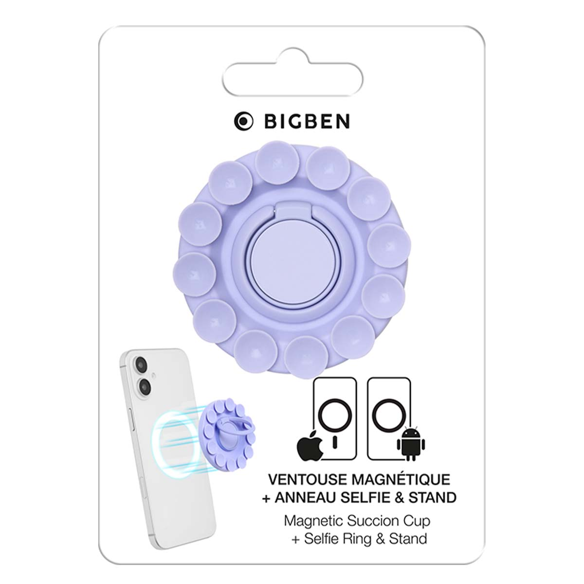 Ein lavendelfarbener Handy-Ringhalter mit Saugnäpfen und der Aufschrift BIGBEN.