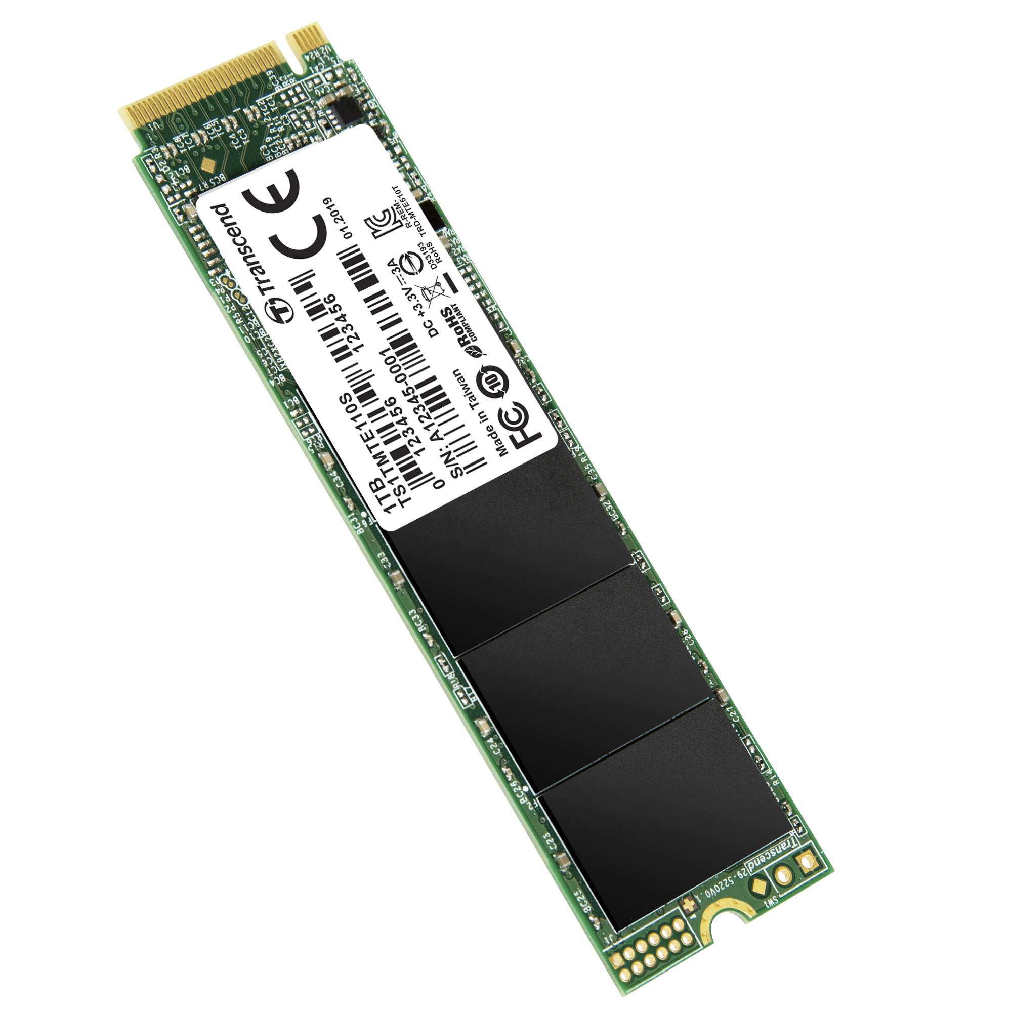 Een Transcend 1TB NVMe SSD met gouden connectoren, zwarte chips en productdetails.