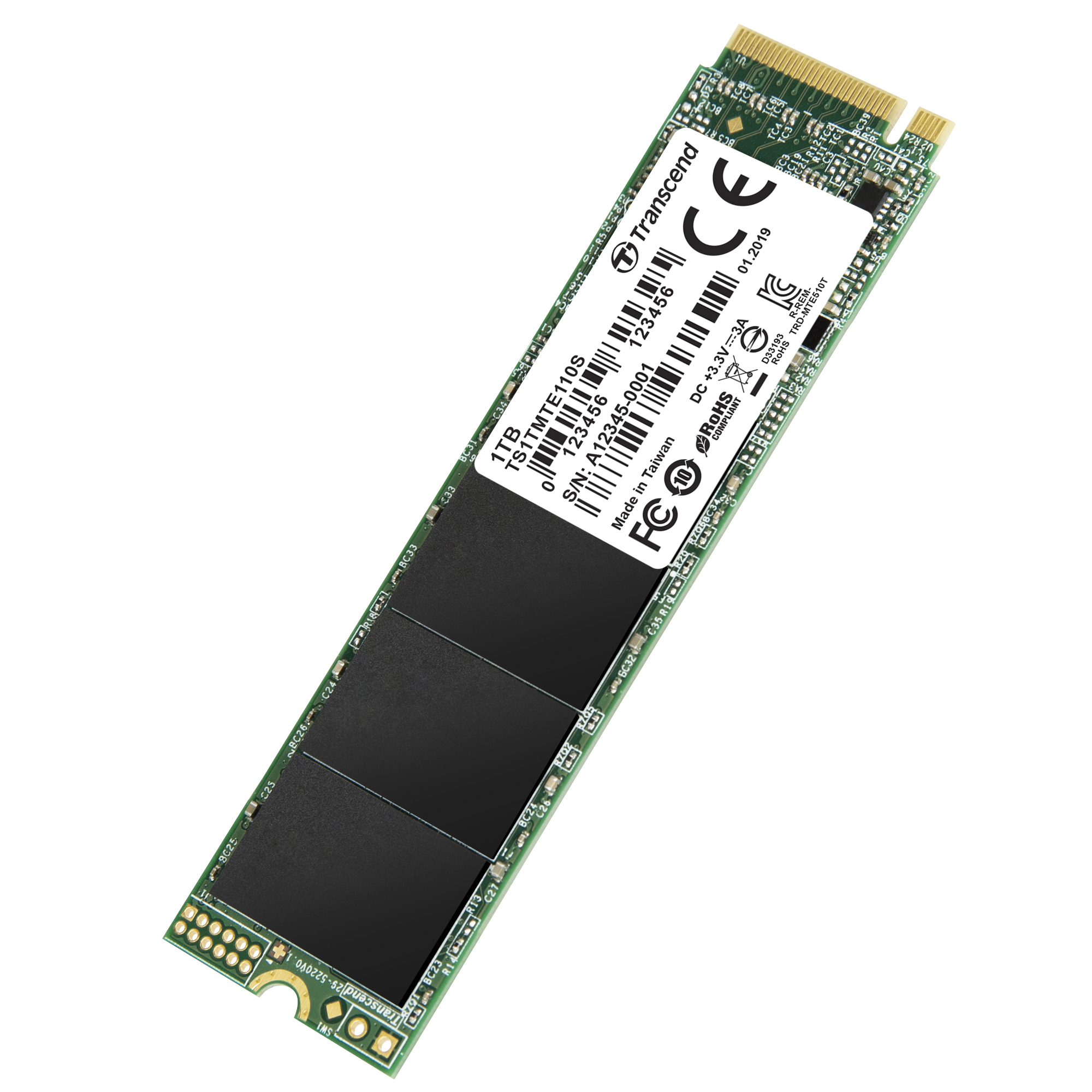 Een Transcend 1TB M.2 NVMe SSD met gouden connectoren, zwarte chips en groene printplaat.