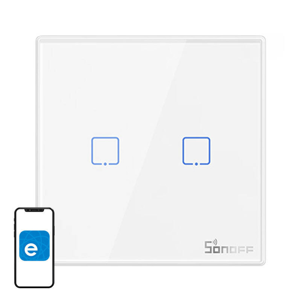 Un interruttore smart Sonoff bianco con due pulsanti illuminati blu e uno smartphone che mostra un'app.