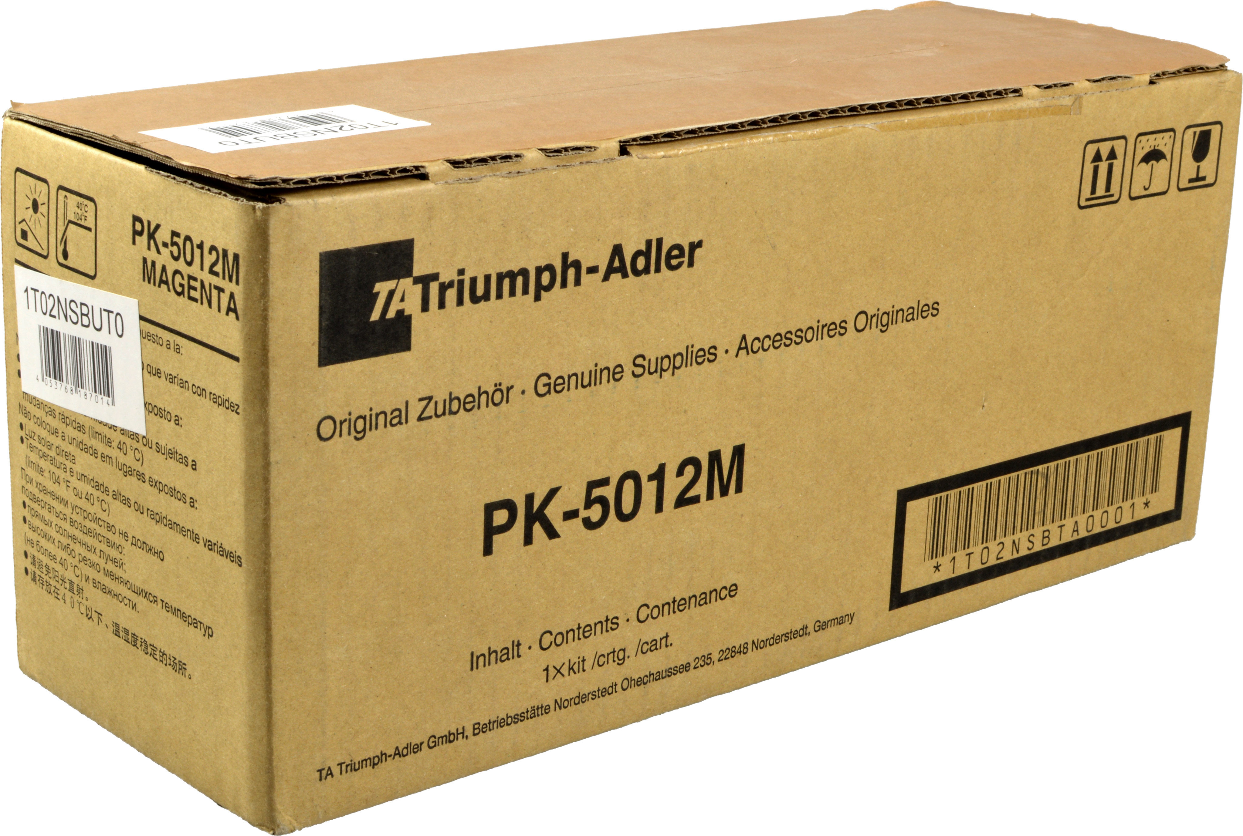 Una scatola di cartone per toner magenta PK-5012M Triumph-Adler con codice a barre.