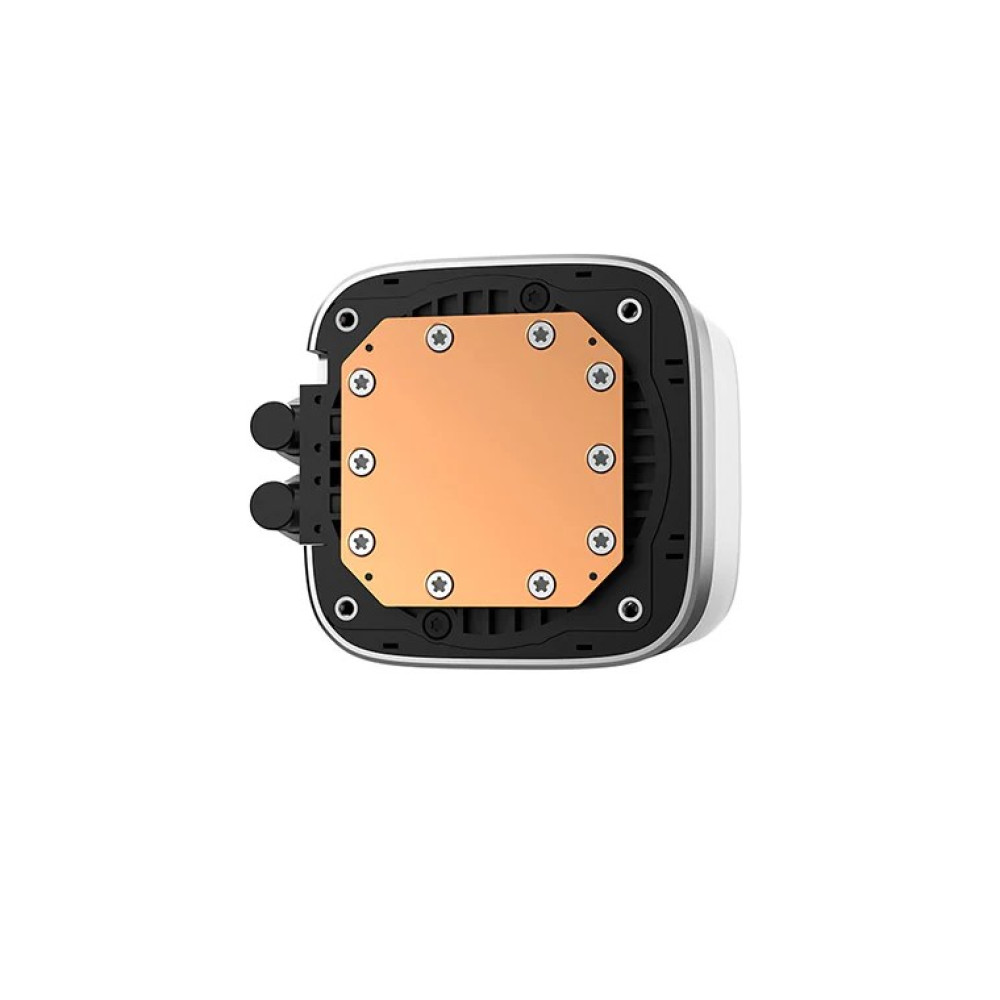 Widok z góry białej i czarnej chłodnicy CPU z miedzianą płytą i ośmioma śrubami.