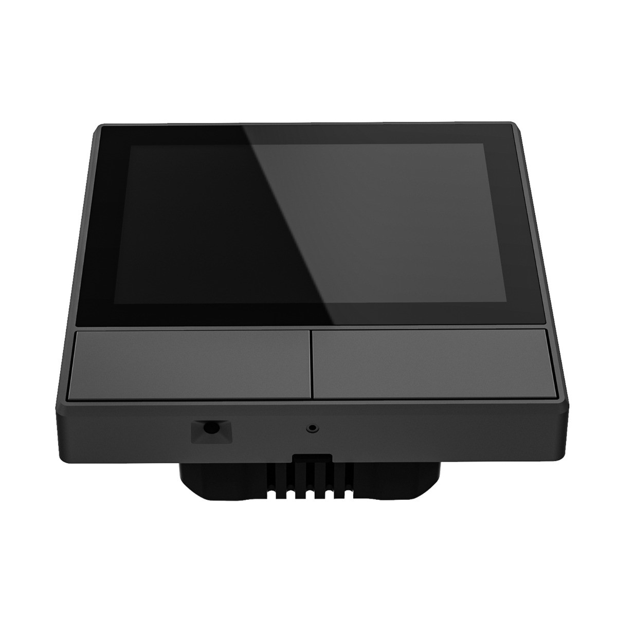 Czarny sprzęt elektroniczny z dużym ciemnym ekranem i dwoma szarymi przyciskami.