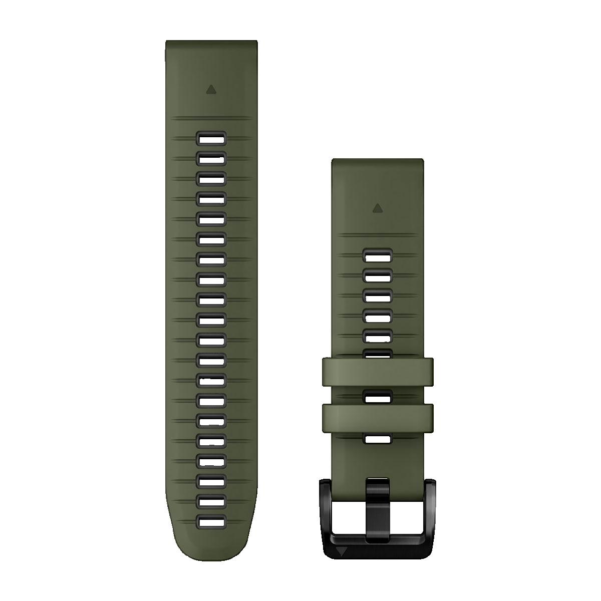 Cinturino per orologio in silicone verde oliva in due parti, fibbia nera e fori su sfondo bianco.