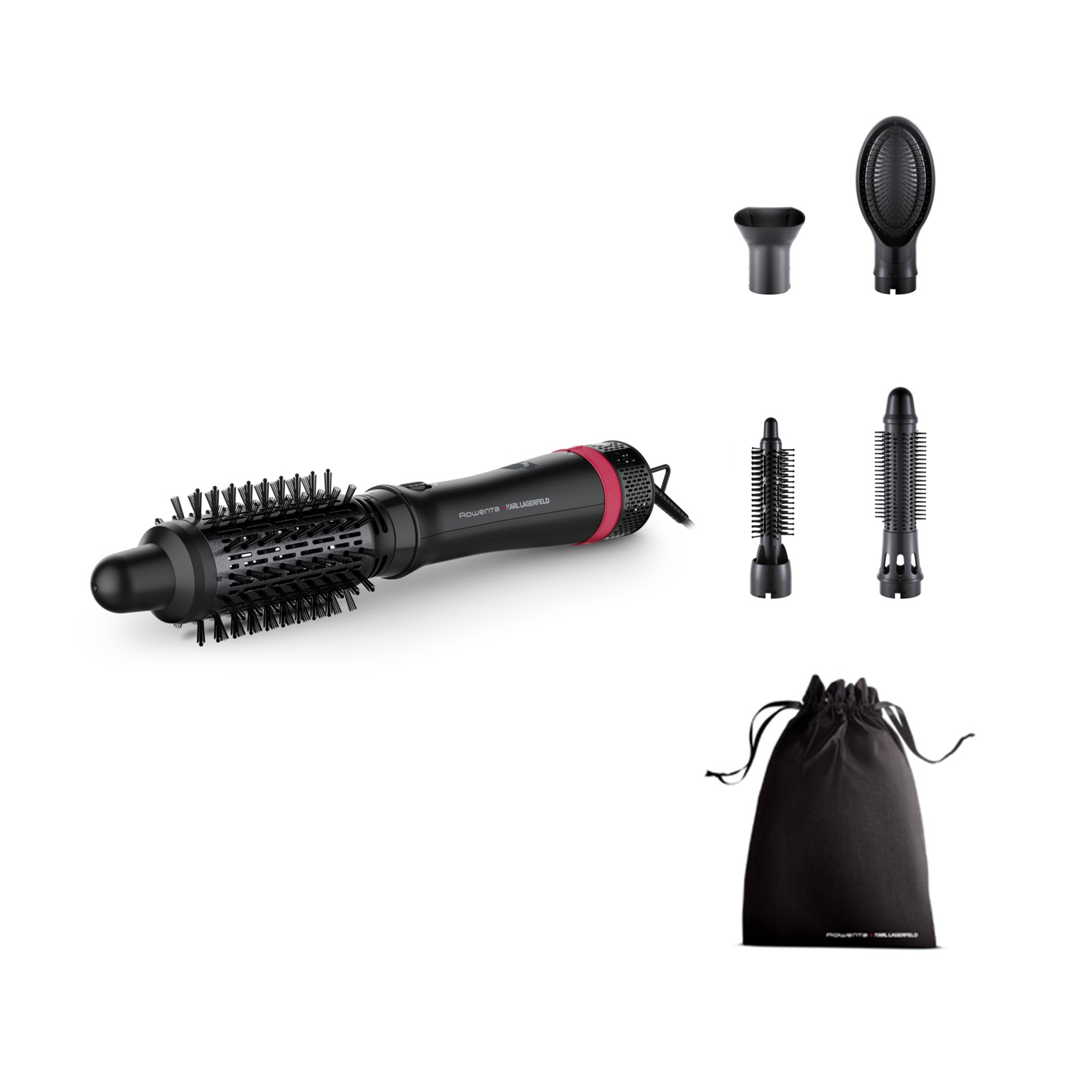 Czarna suszarka do włosów z nasadkami: koncentrator, dyfuzor, dwie szczotki i etui.