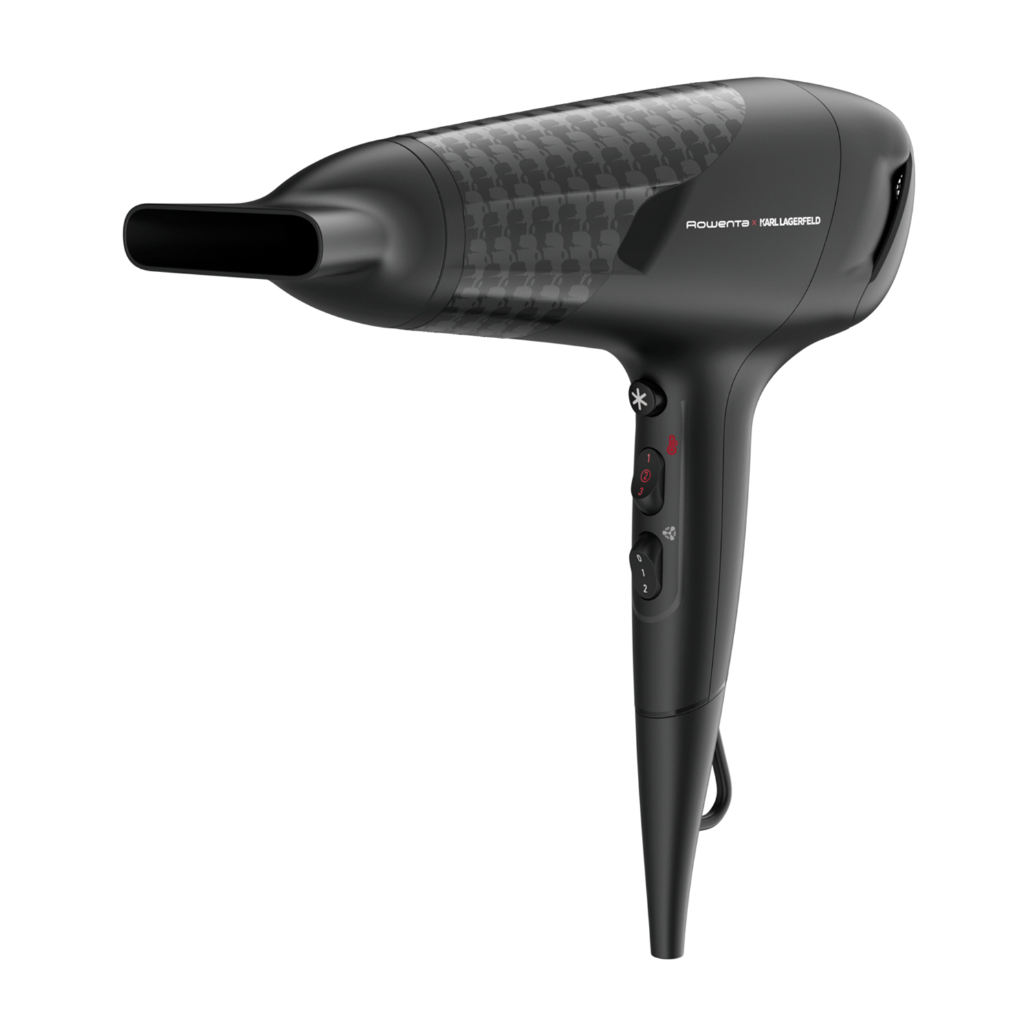 Czarna suszarka Rowenta z logo Karl Lagerfeld i wzorem w jodełkę.