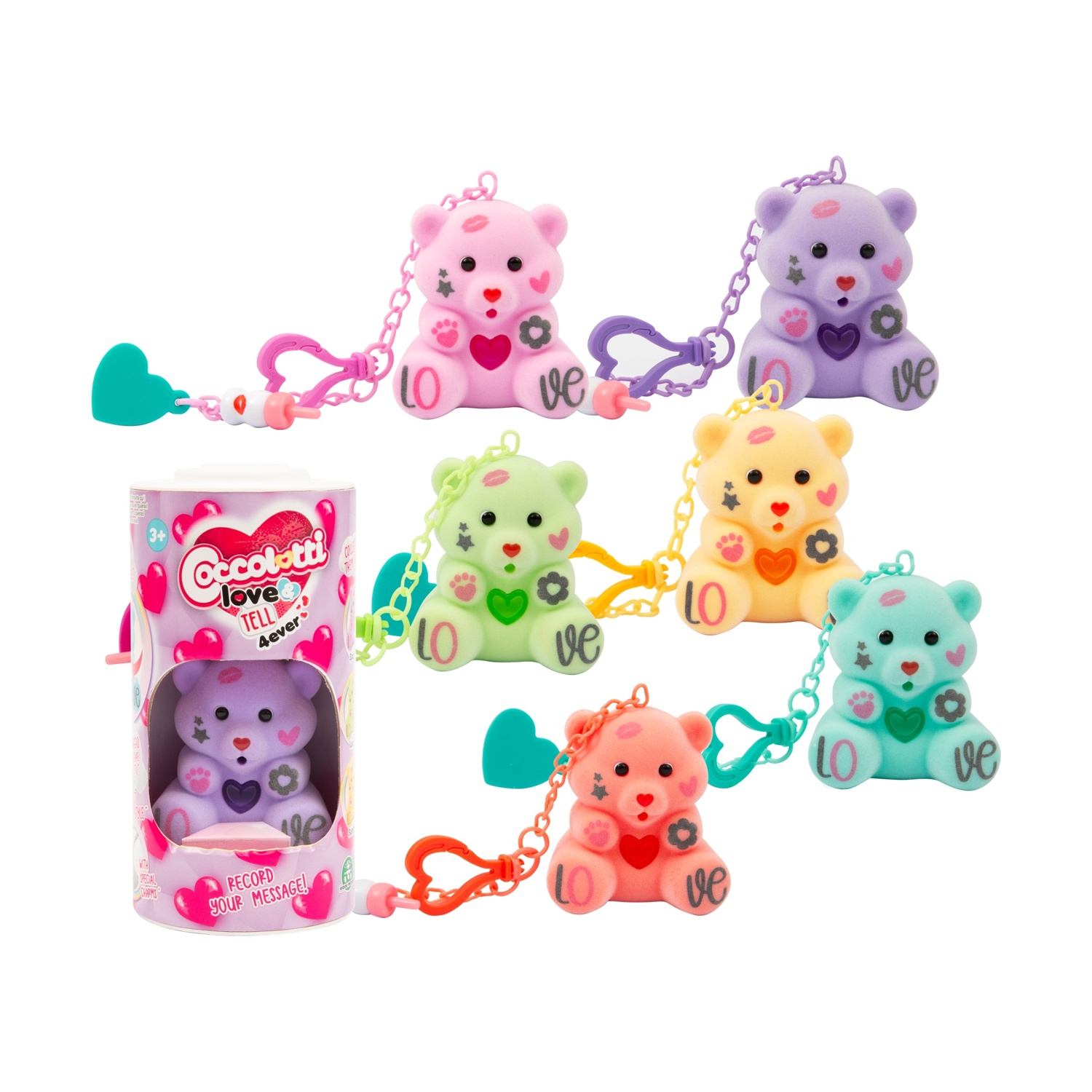 Sei portachiavi orsacchiotti colorati con cuori, stelle e testo 'LOVE'. Un orso è in un tubo rosa.