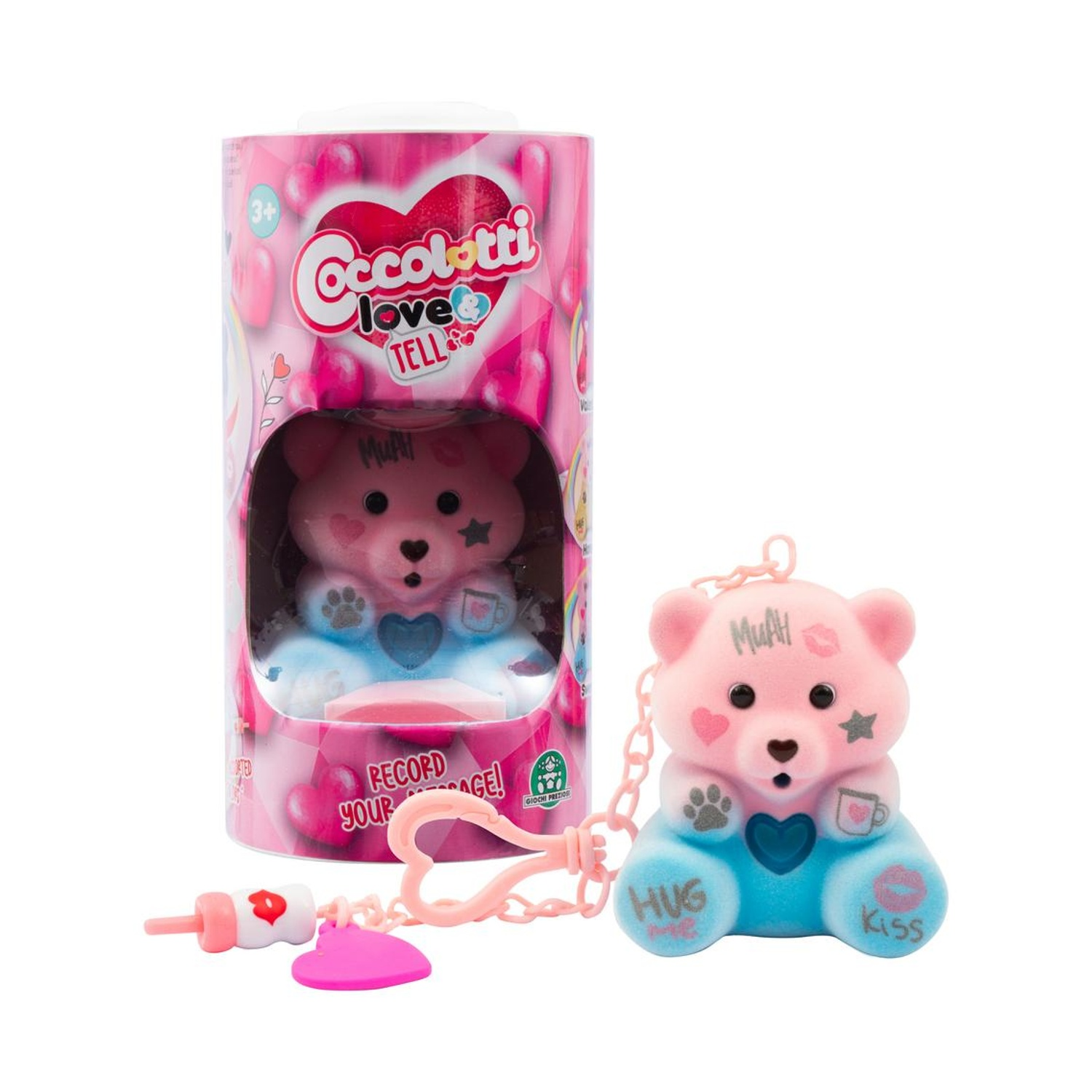 Peluche orsetto rosa e blu con portachiavi e accessorio biberon.