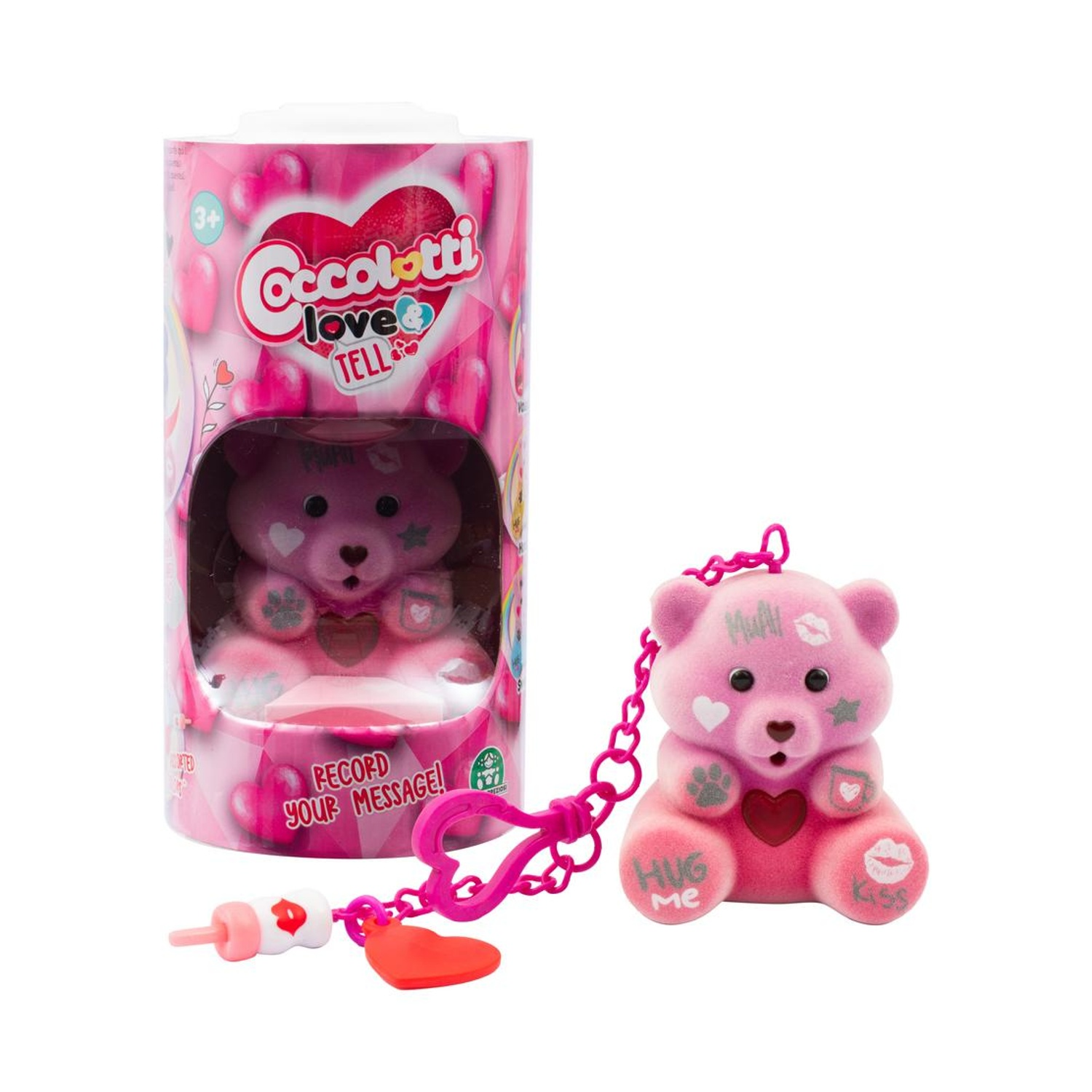 Orsacchiotto rosa giocattolo con portachiavi, accanto alla sua confezione con cuori.