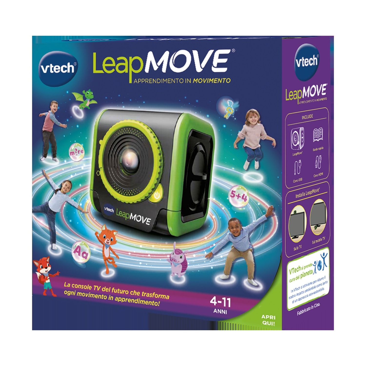 Scatola Vtech LeapMOVE: bambini che giocano, dispositivo verde, personaggi.