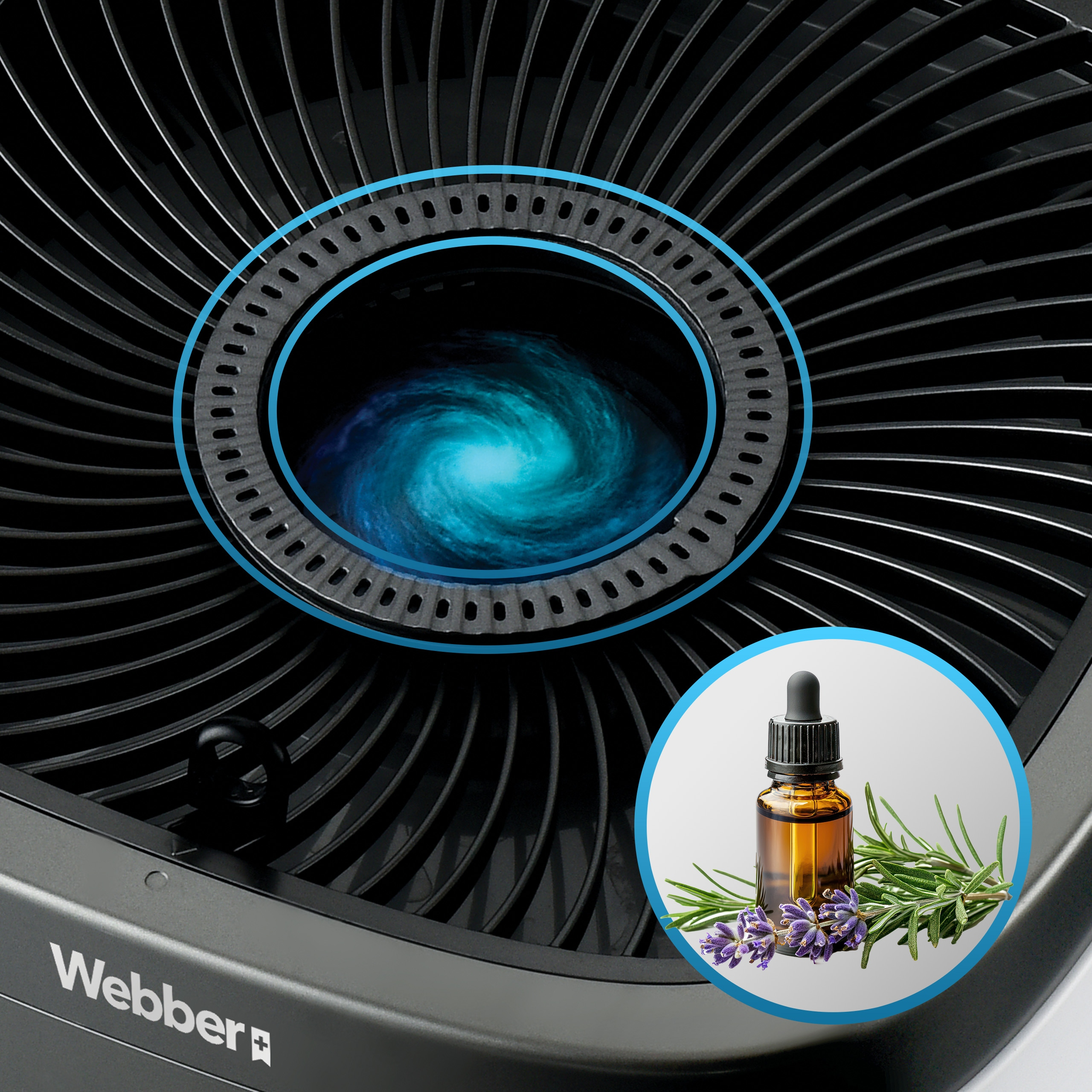 Oczyszczacz powietrza Webber z wirującym niebieskim światłem i butelką olejku eterycznego z lawendą i rozmarynem.