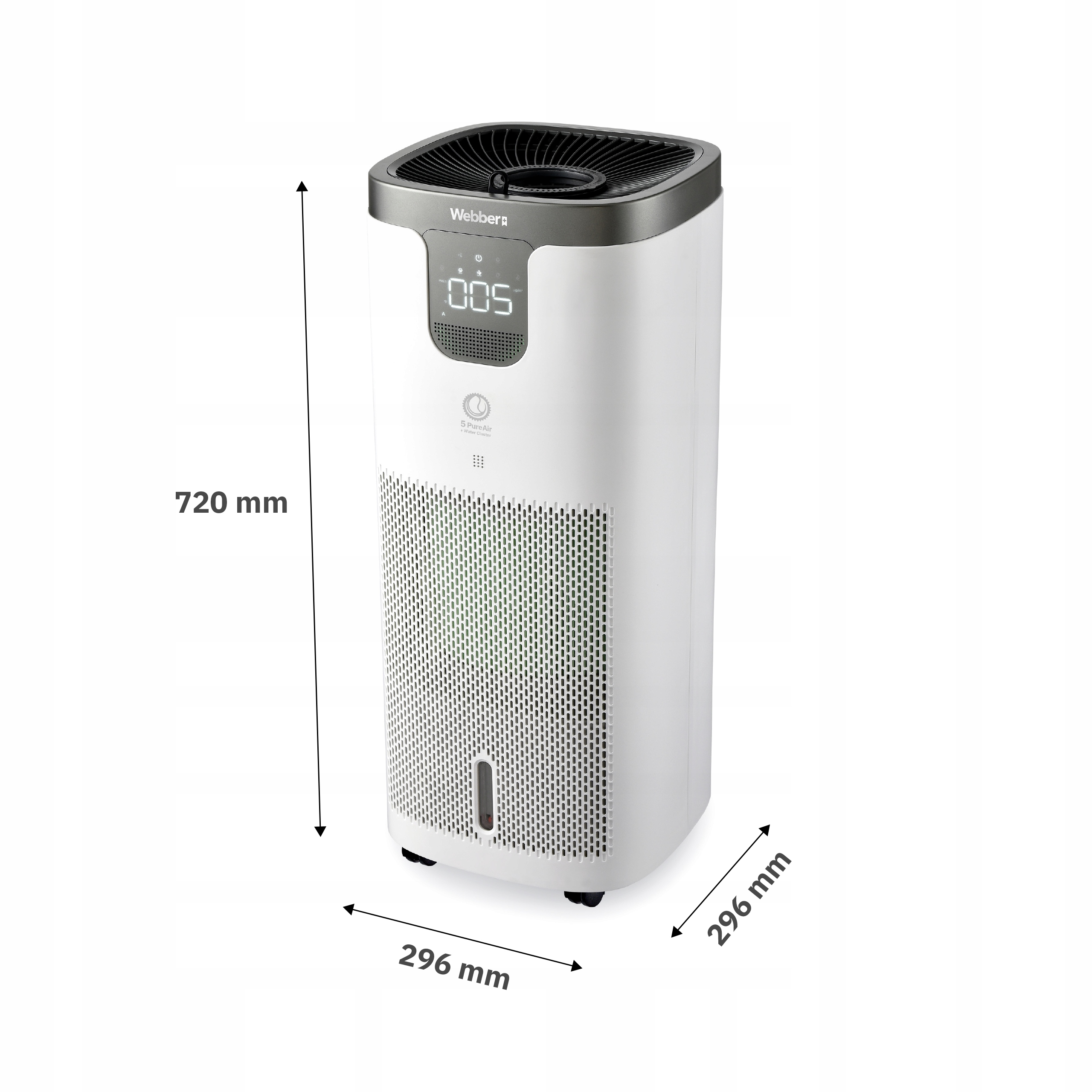 Biały oczyszczacz powietrza Webber z szarym blatem i cyfrowym wyświetlaczem. Wymiary: 720x296x296 mm.