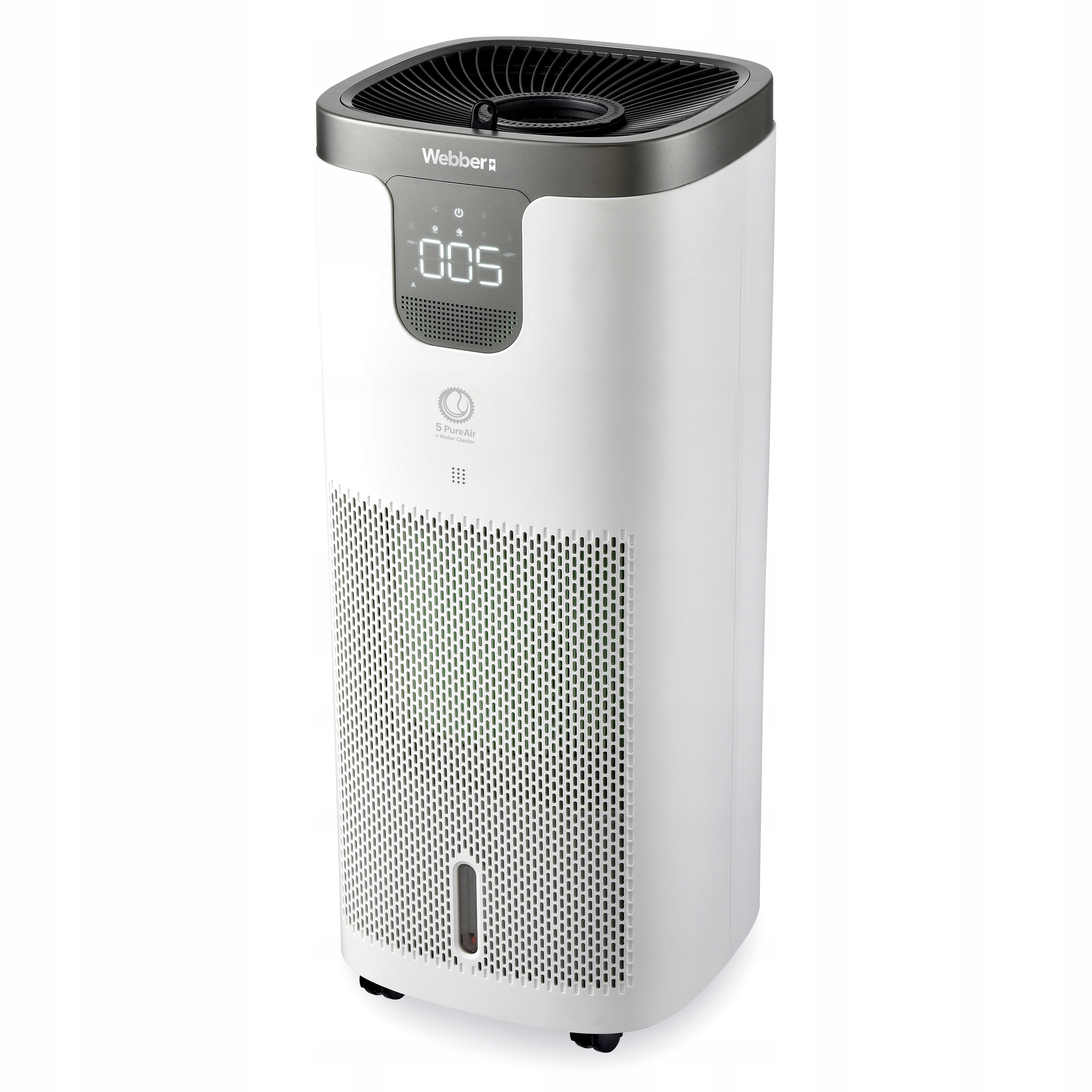 Biały oczyszczacz powietrza Webber z cyfrowym wyświetlaczem pokazującym '005' i zielonym wnętrzem.
