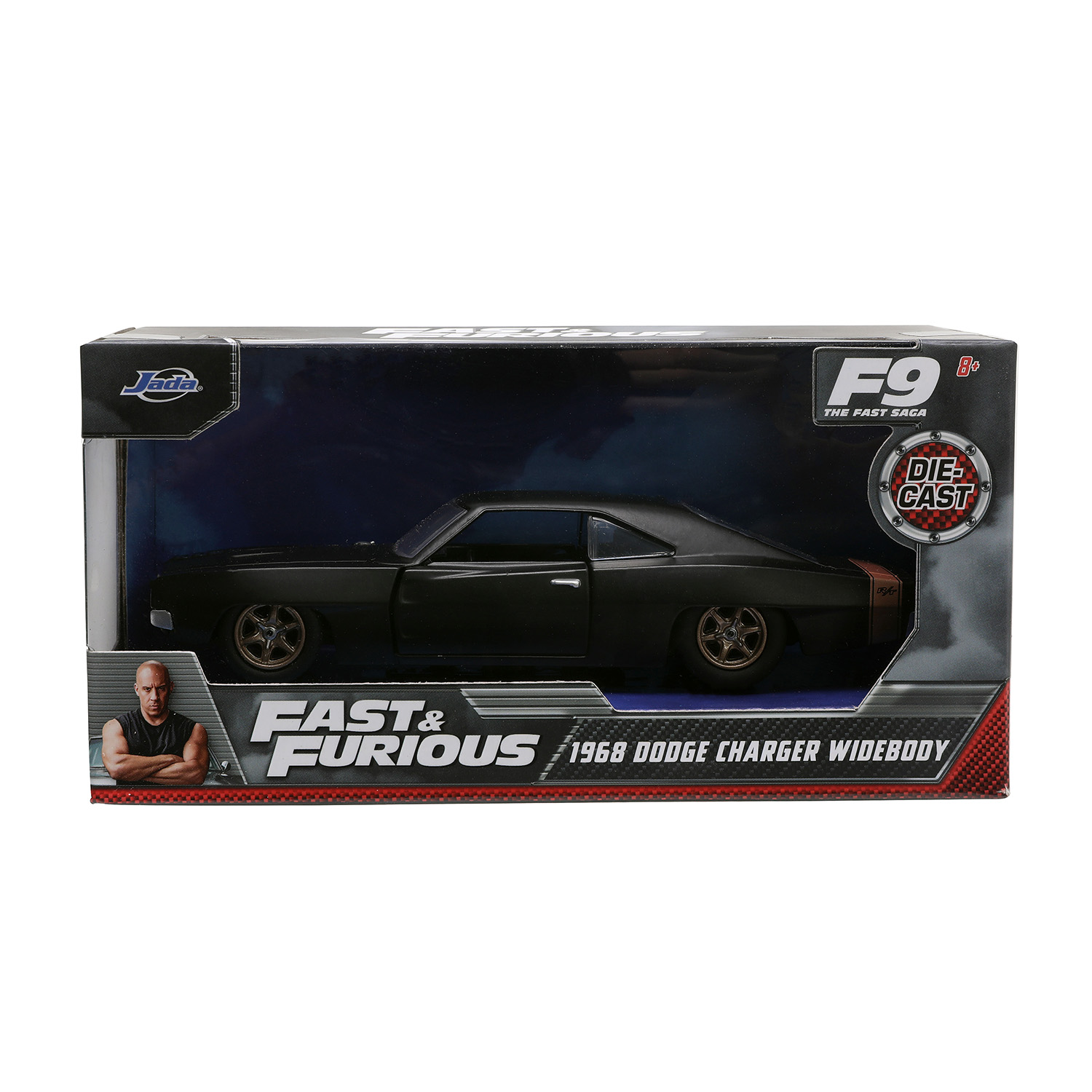 Modellino die-cast Fast & Furious F9 di una Dodge Charger Widebody nera del 1968.