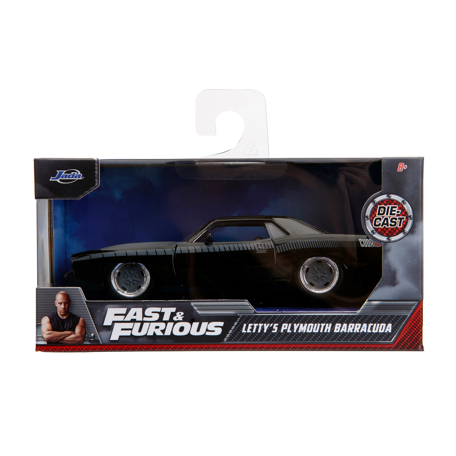 Macchinina Fast & Furious nera pressofusa in confezione, con foto di Vin Diesel.