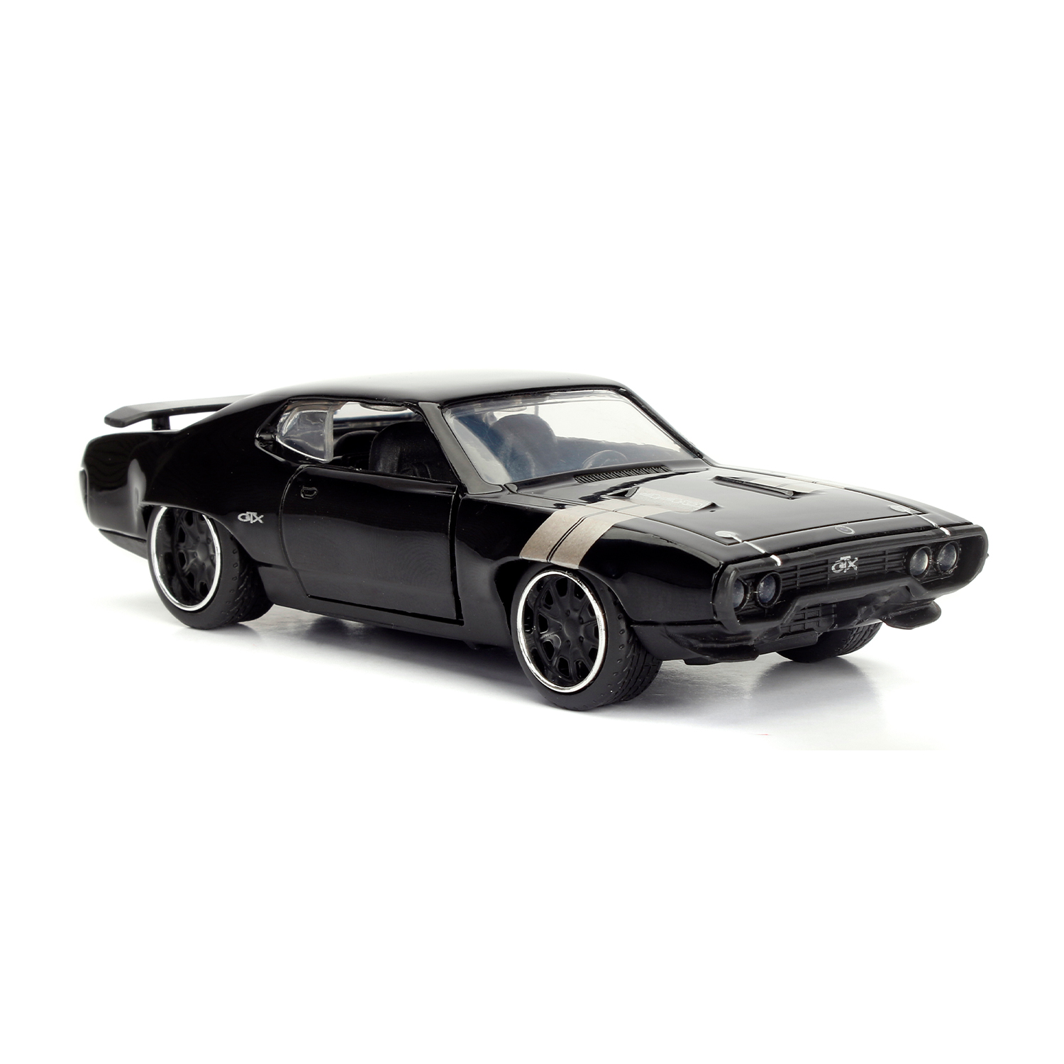 Un'auto modello Dodge Charger R/T nera del 1970 con strisce argentate sul cofano.