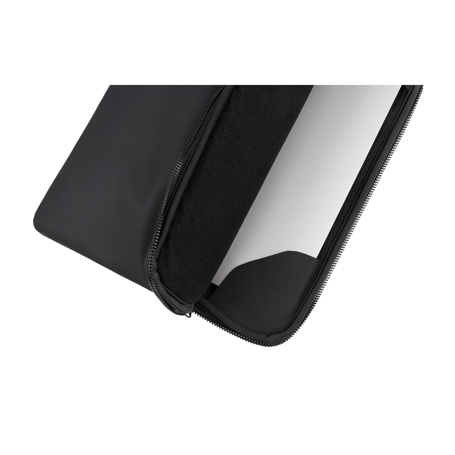 A black laptop sleeve is partially open, revealing a silver laptop inside.