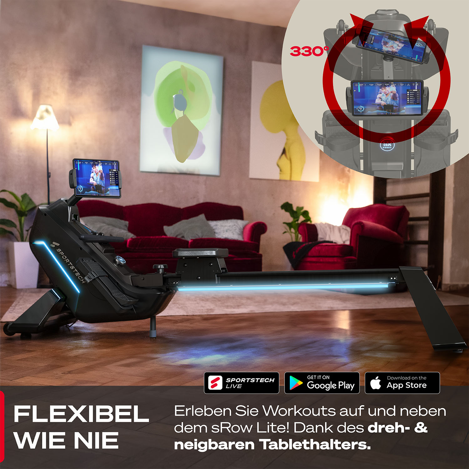 Ein schwarzes Rudergerät mit Tablet, das in einem Wohnzimmer steht. 330° drehbar.